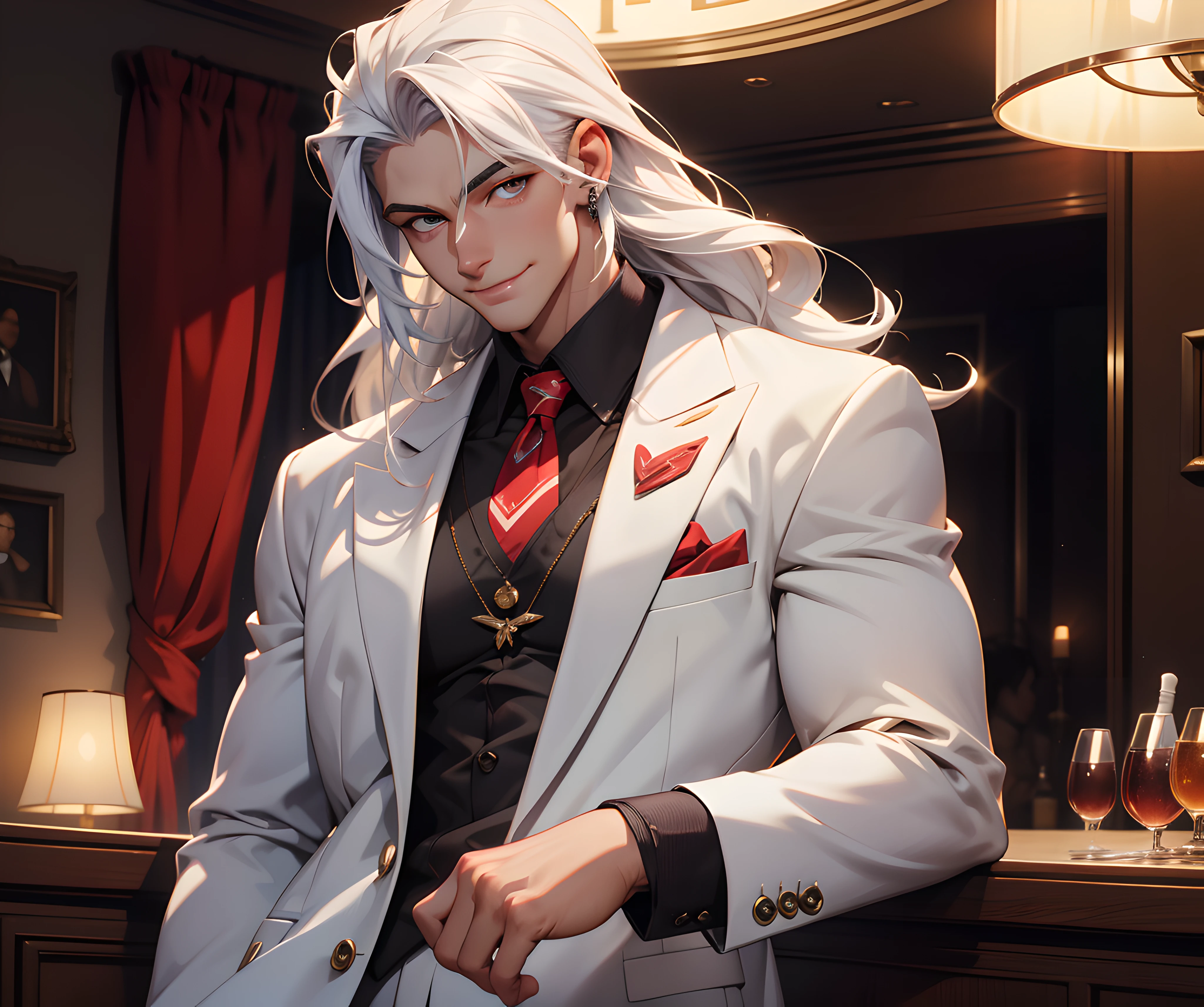 (absurdres, highres, ultra detailed), 1 male, adult, handsome, tall, long white hair, finely detailed white eyes and detailed face, white suit, smile, indoors, jazz club, studio lighting, 8k resolution