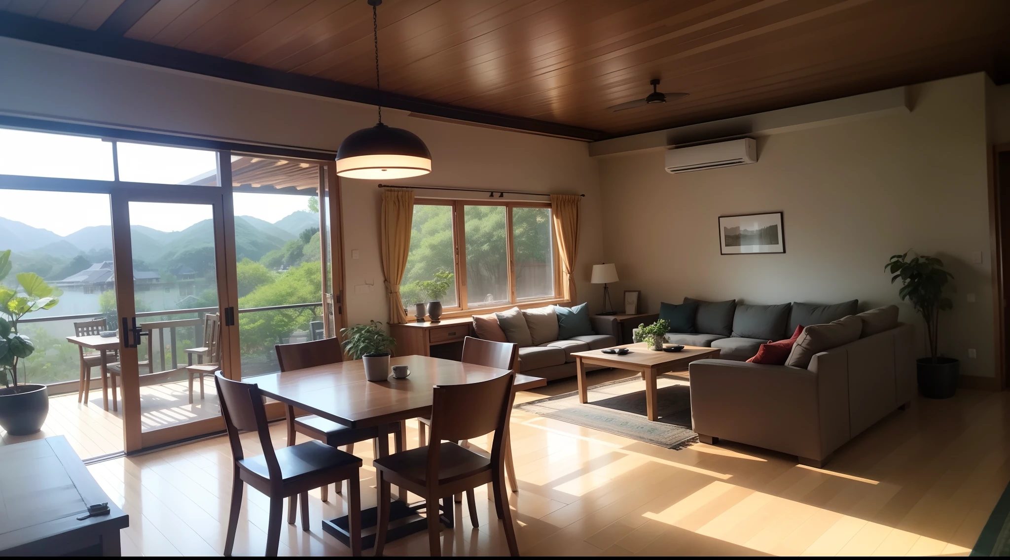 interior design、Insanely detailed wide-angle architectural photo、Cozy contemporary living room、(Bright and warm sunlight 1:0.1)、Award-winning contemporary interior design、landscapes、The table、a chair、in a house、Wooden flooring、window、resturant、east asian east asian architecture、sliding paper doors、abajour、architectural、the woods、naturey、cups、a plant、interior design、Insert lighting and shadows、depth of fields、low illuminance