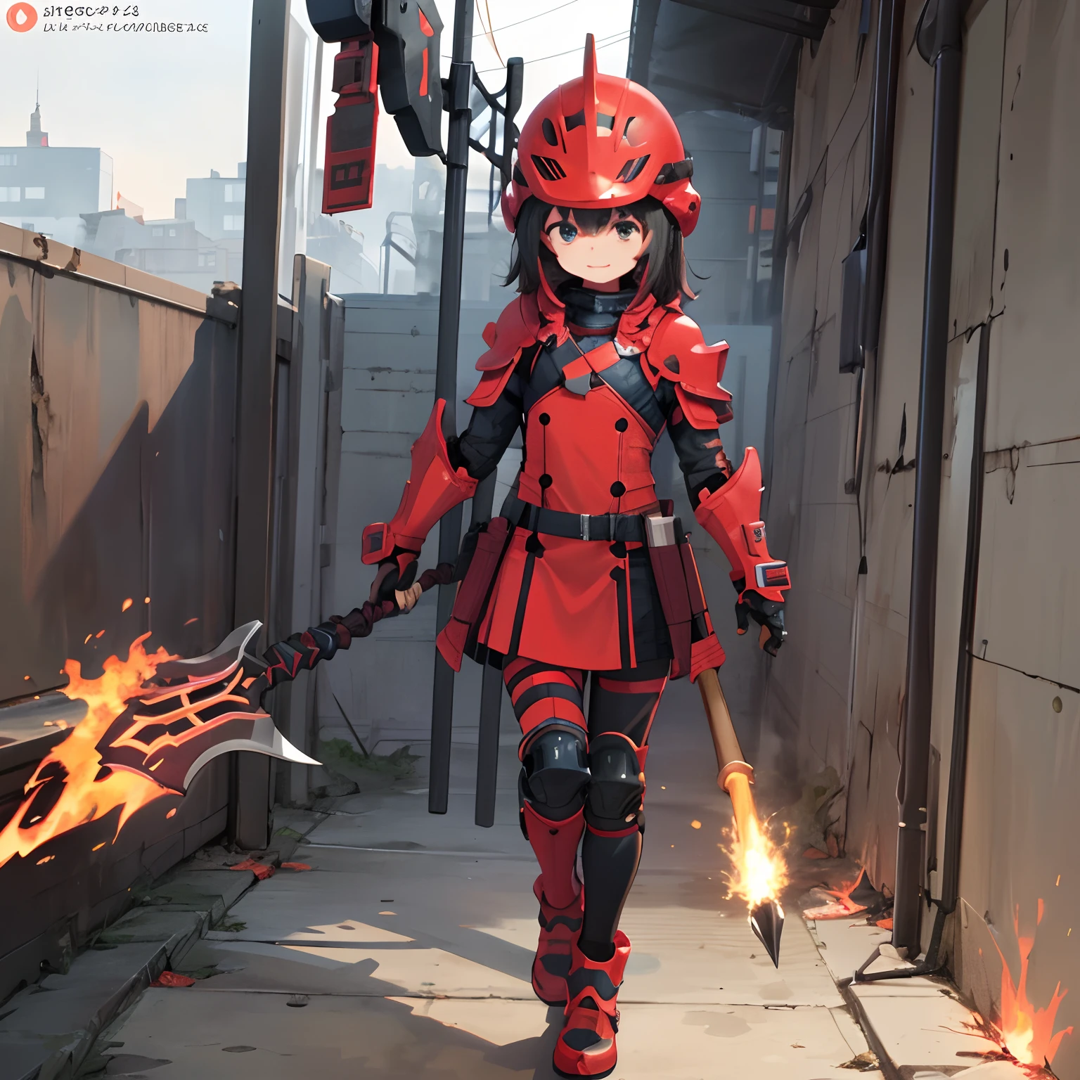 Ark of tomorrow style，Loli body type，Height 1.2m，flatchest，More accessories，Energetic，fire axe，Red livery body armor，solo person，Large helmet，Full set of protective gear，Hand Guard，Knee protectors