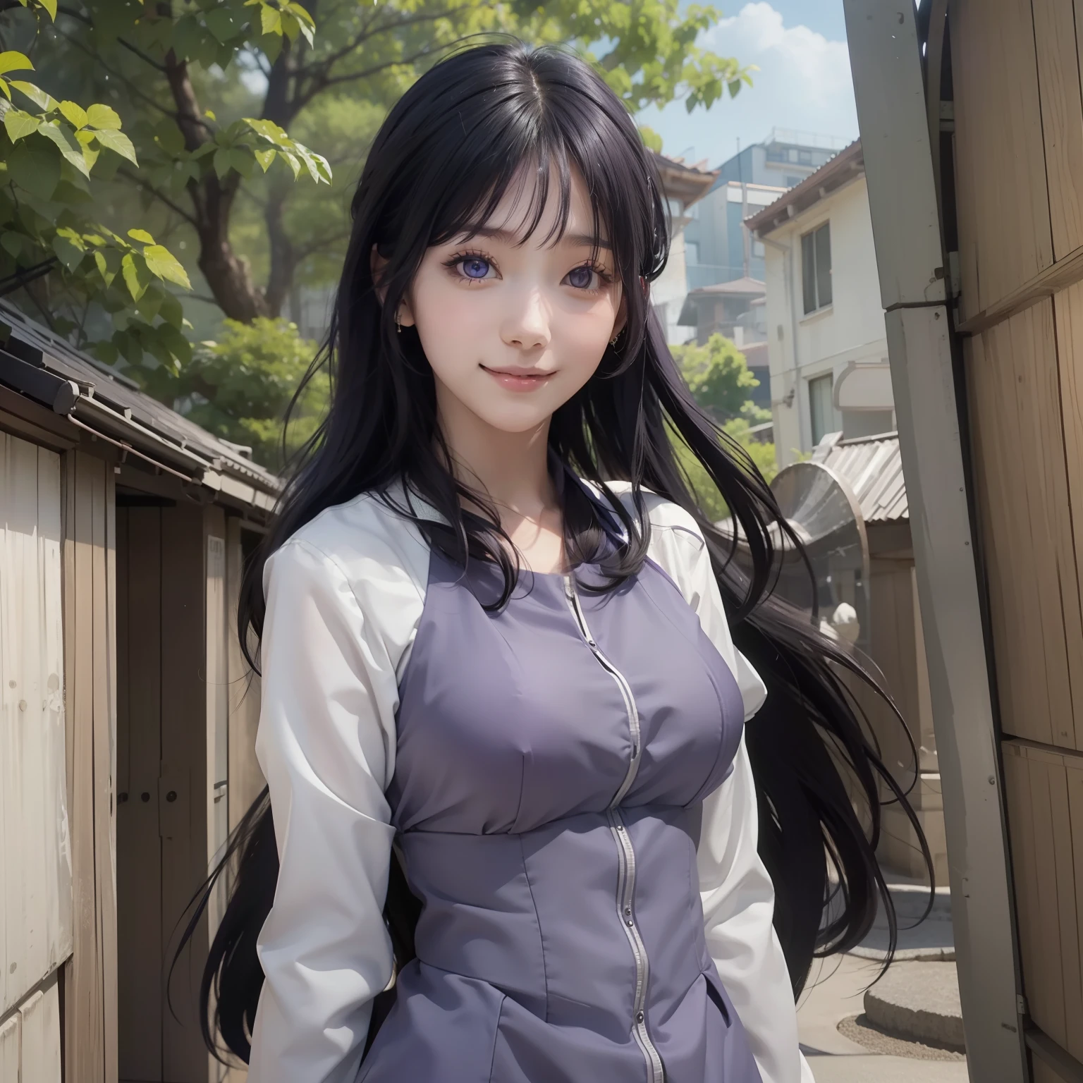 1girl, hyuga hinata, long hair, sexy dress, black hair, white eyes, smile, beautiful, purple and white clothes, very big breast, sexy clothes, outdoor background, ultra detail, realistic