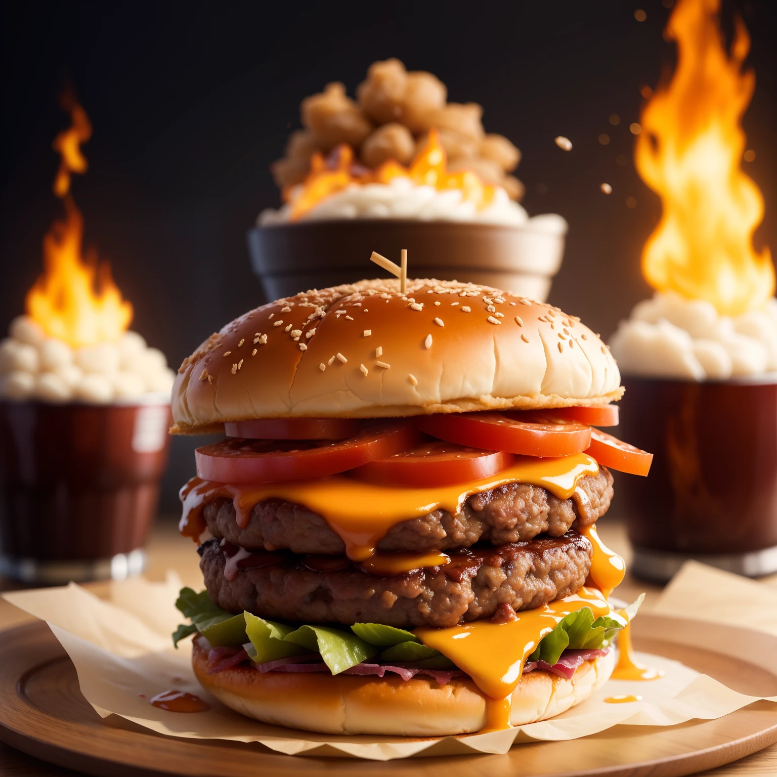 Create an image of a double burger,com faiscas de fogo em volta,compondo a imagem,in high resolution, realista