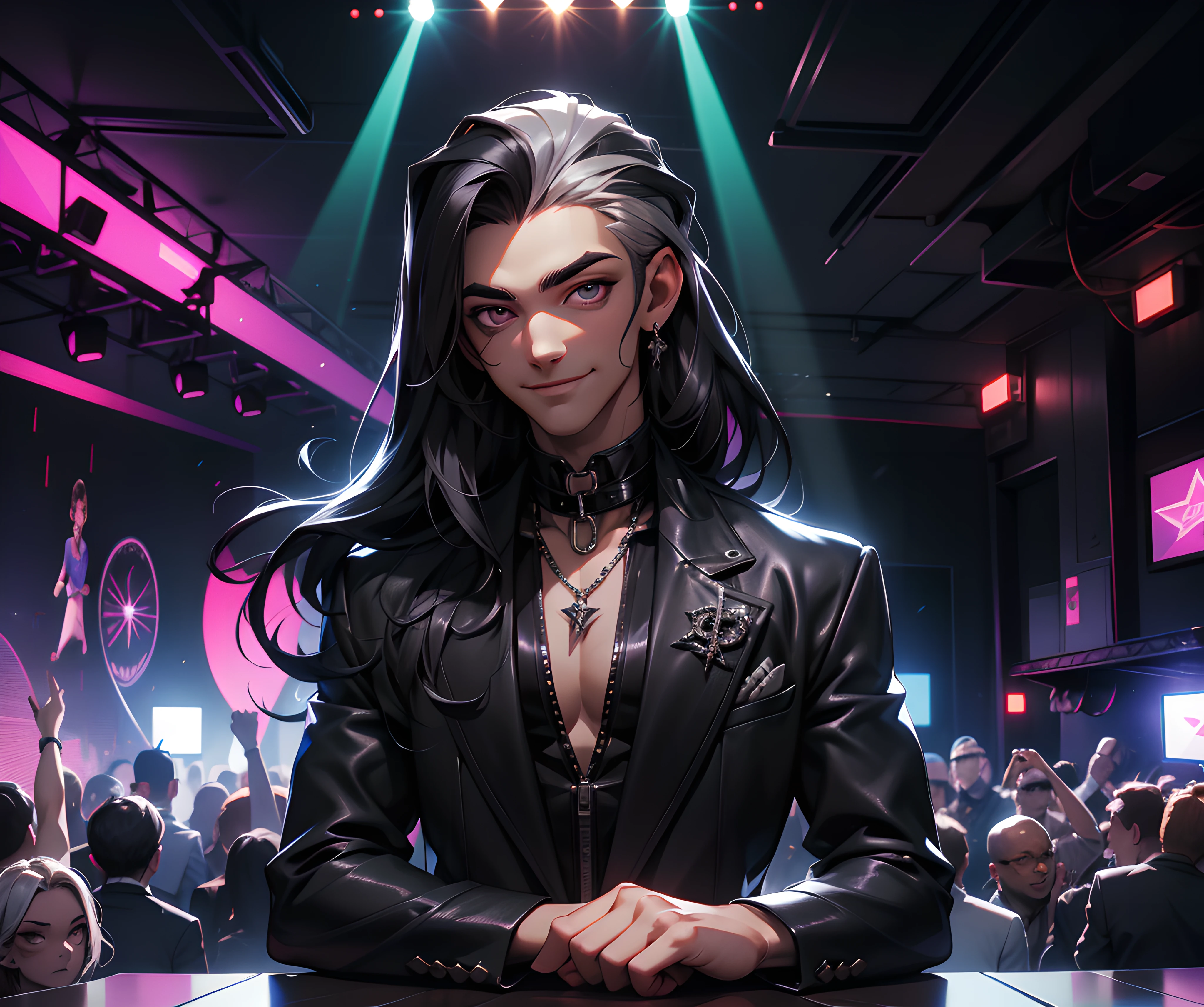 (absurdres, highres, ultra detailed), 1 male, adult, handsome, tall, long black hair, finely detailed silver eyes and detailed face, gothic clubwear, smile, indoor, nightclub, laser projectors, 8k resolution