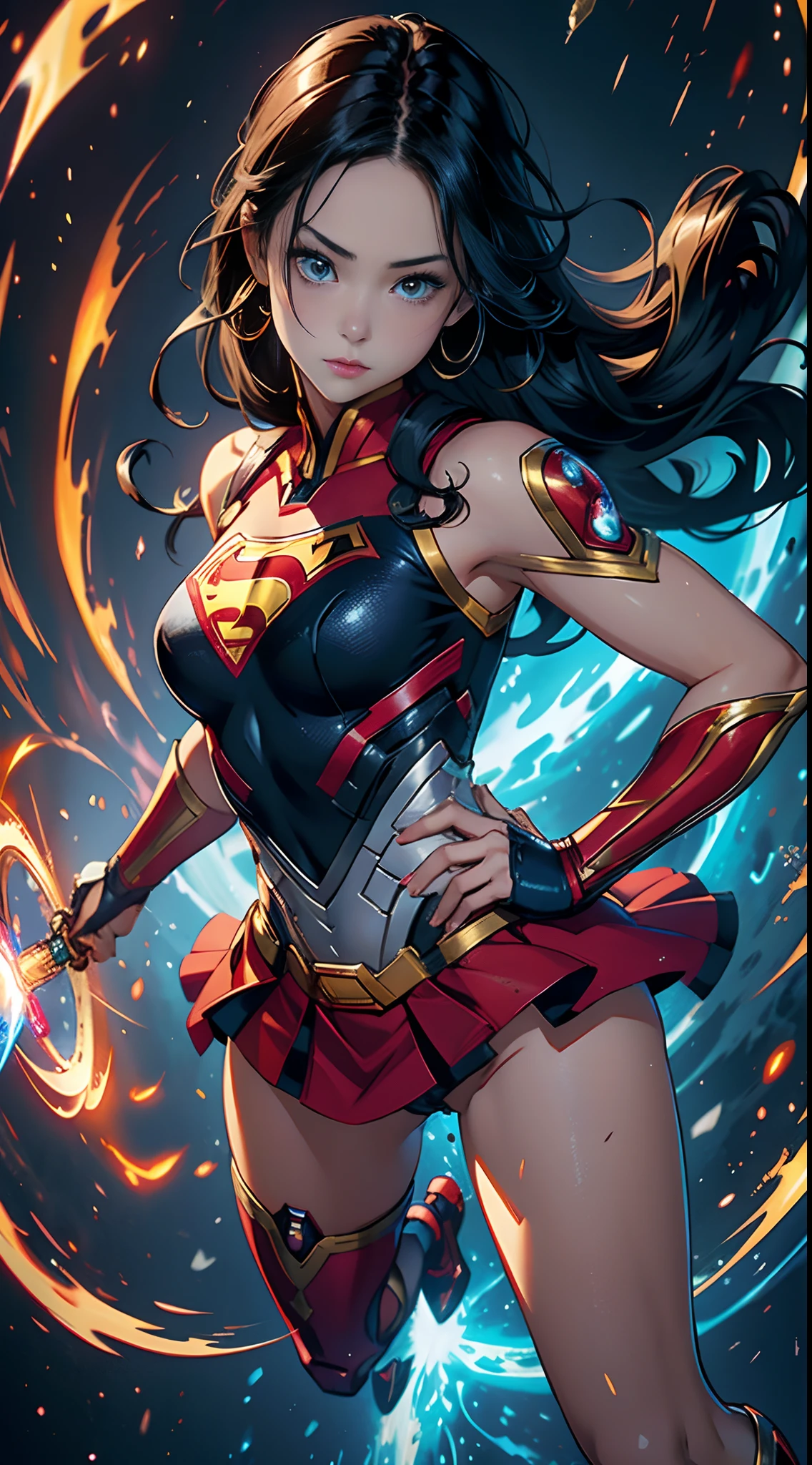 Full body portrait of a woman with long black hair,Belle peinture de personnage,,Supergirl,Wearing Iron Man,Epic and beautiful character art,Stunning character art,Guvitz at the Pixiv Art Station,Bigchest,Leakage of exposed milk,Bare lower body,Camel toes,Protruding underparts,Pornographic leaks,nakeness,比基尼,frontage