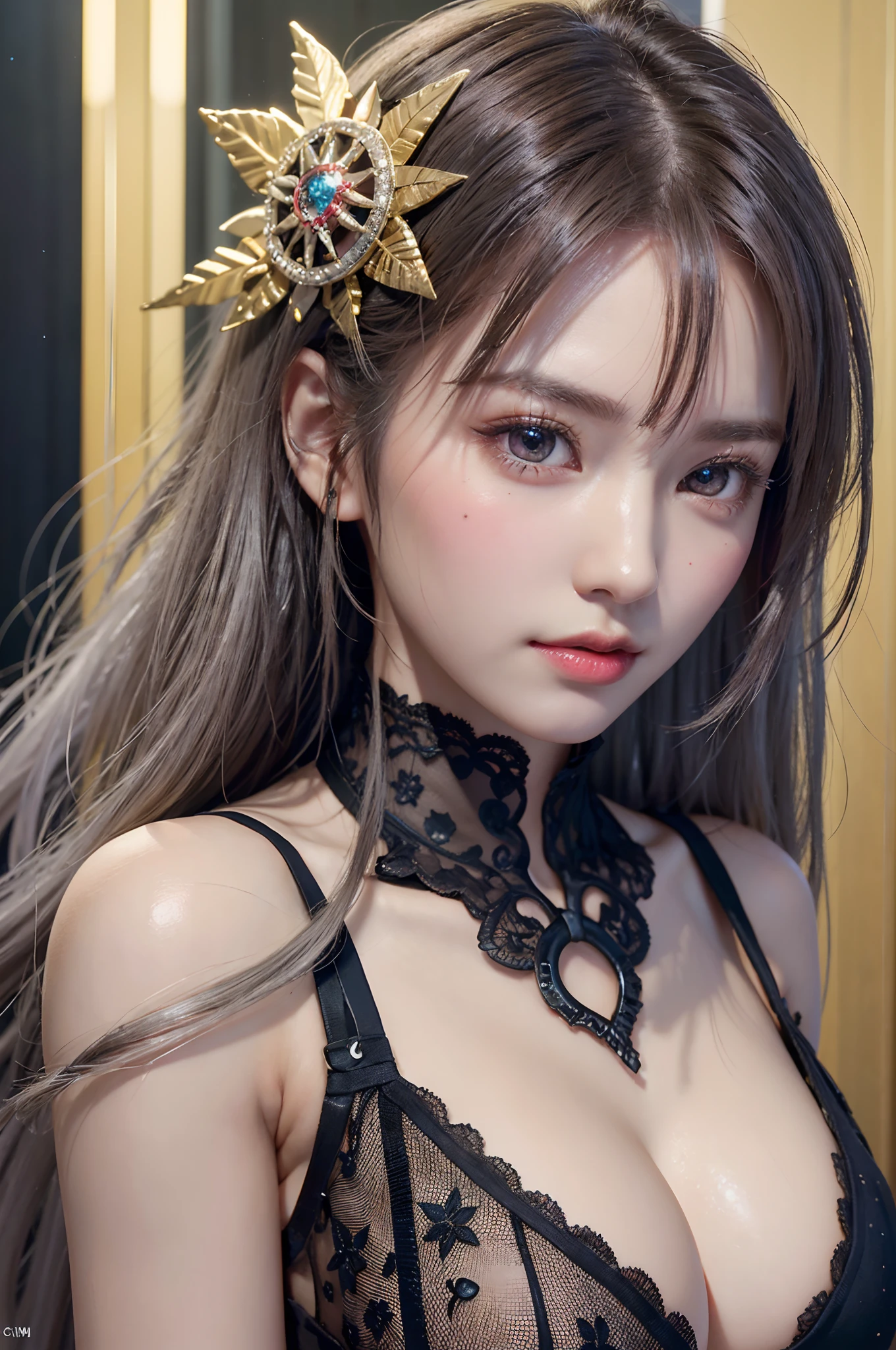 top-quality、masterpiece、超A high resolution、(Photorealsitic:1.3)、Raw photo、女の子1人、silver white hair、glowy skin、1 Mechanical Girl、((super realistic details))、portlate、globalillumination、Shadow、octan render、8K、ultrasharp、Beautiful breasts、Raw skin is exposed in cleavage、metals、Details of complex ornaments、cold color、Egyptian Detail、highly intricate detail、Realistic light、CGSoation Trends、Beautiful eyes、radiant eyes、Facing the camera、neon details、