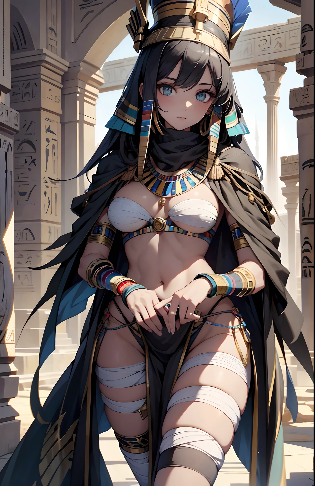 best qualityer，tmasterpiece，Ultimate resolution，downy，Extremely colorful，Colorful，Ancient Egyptian mummy beauty，Beautiful woman wrapped in bandages，Bandages all over the body，bandagens，don't have clothes，Normal posture