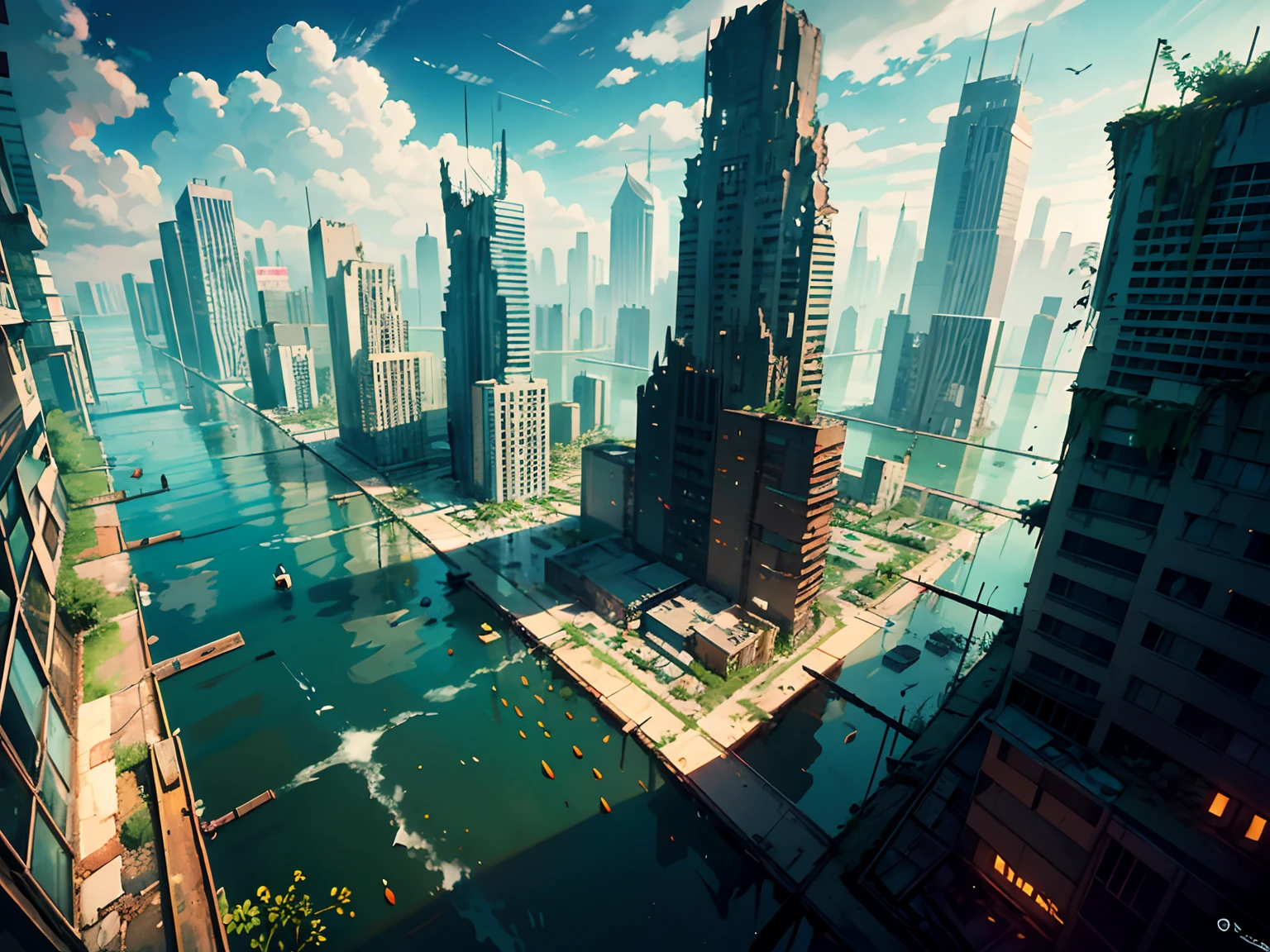 "spine-chilling, Post-apocalyptic cityscape of dilapidated buildings, Flooded streets, and nature reclamation of its territory. The city was partially submerged, Create a surreal scene with underwater plants."