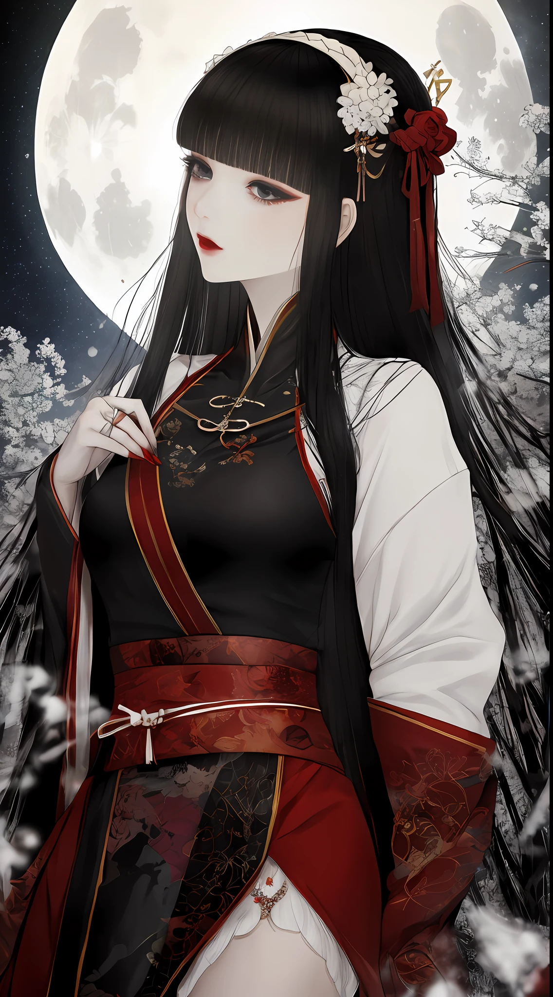 winning artwork，1girll,White Hanfu,The upper part of the body, Masterpiece,Long black hair，Redlip，Red belt，head gear，jewelry，extreme beautiful，8k wallpaper，White Moon，the night，Flying snowflakes，