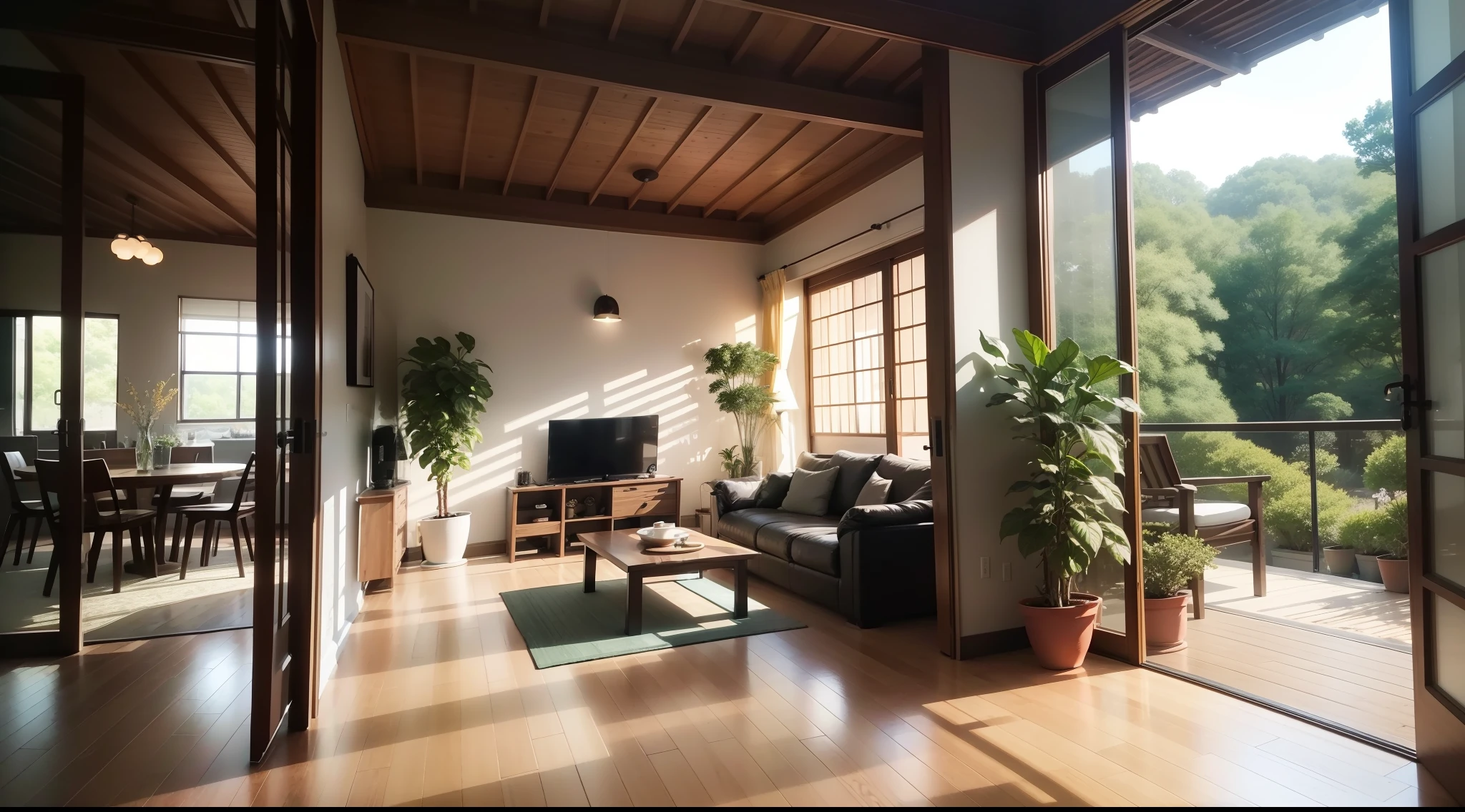 interior design、Insanely detailed wide-angle architectural photo、Cozy contemporary living room、(Bright and warm sunlight 1:0.1)、Award-winning contemporary interior design、landscapes、The table、a chair、in a house、Wooden flooring、window、resturant、east asian east asian architecture、sliding paper doors、abajour、architectural、the woods、naturey、cups、a plant、interior design、Insert lighting and shadows、depth of fields、low illuminance
