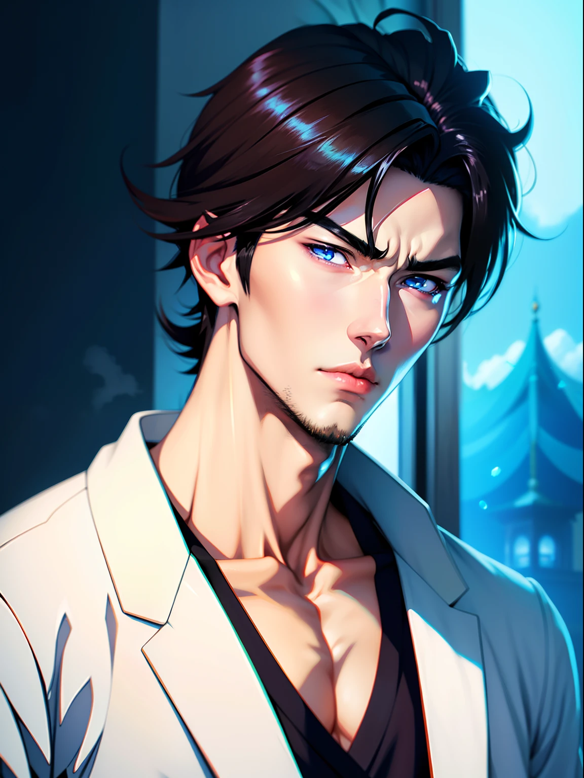 Anime boy with black hair and blue eyes staring at something, Tall anime guy with blue eyes, young anime man, Anime handsome man, Guviz-style artwork, Detailed digital anime art, male anime character, Smooth anime CG art, Guviz, Anime portrait of a handsome man, Handsome anime pose, Anime boy, Stunning anime face portrait