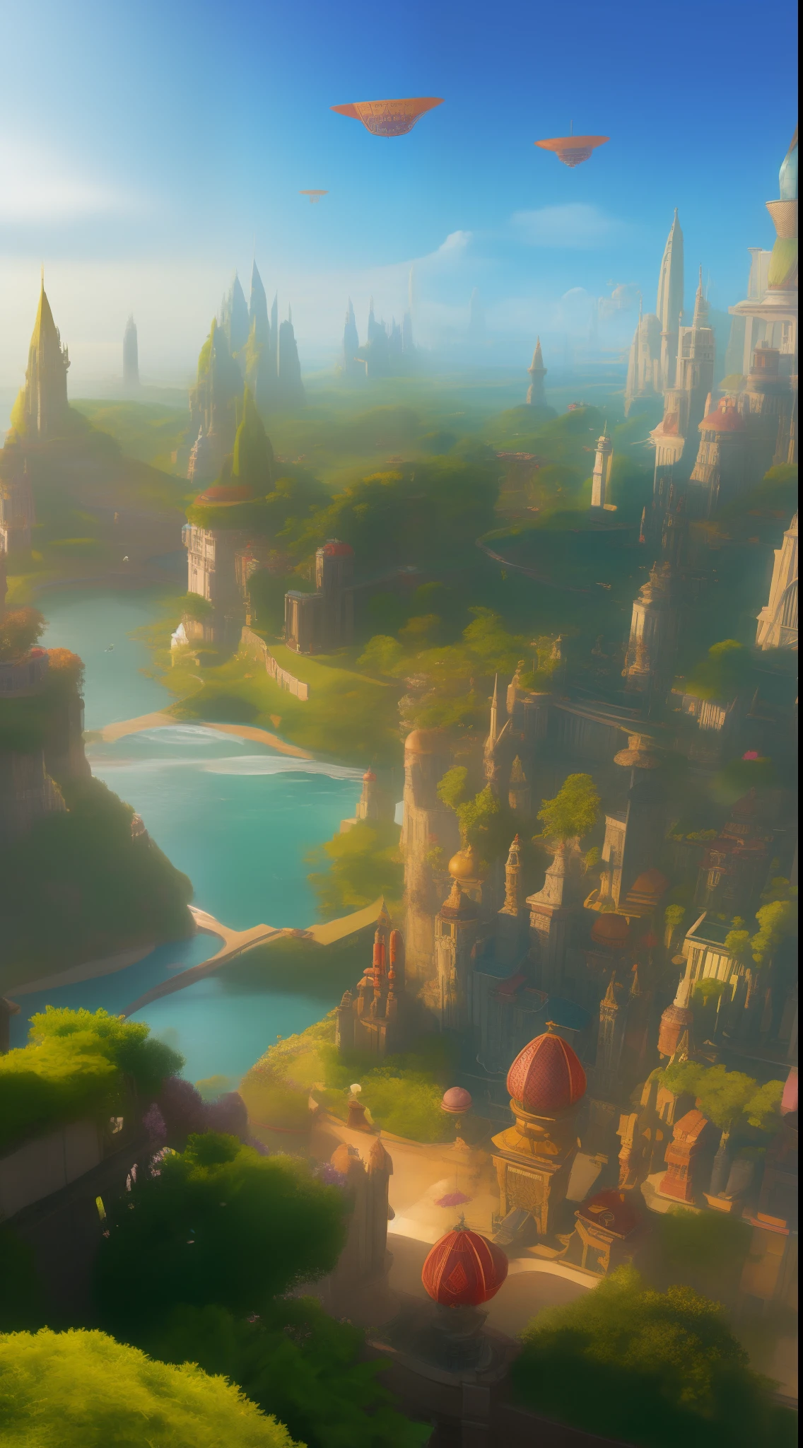 beautiful open kitchen in the style of elena of avalor overlooking aerial wide angle view of a solarpunk vibrant city with greenery, interior architecture, ocean, river, ships, citizens, rampart, rendered in octane, in the style of Luc Schuiten, craig mullins, solarpunk in deviantart, photorealistic, highly detailed, Vincent Callebaut, elena of avalor, highly detailed