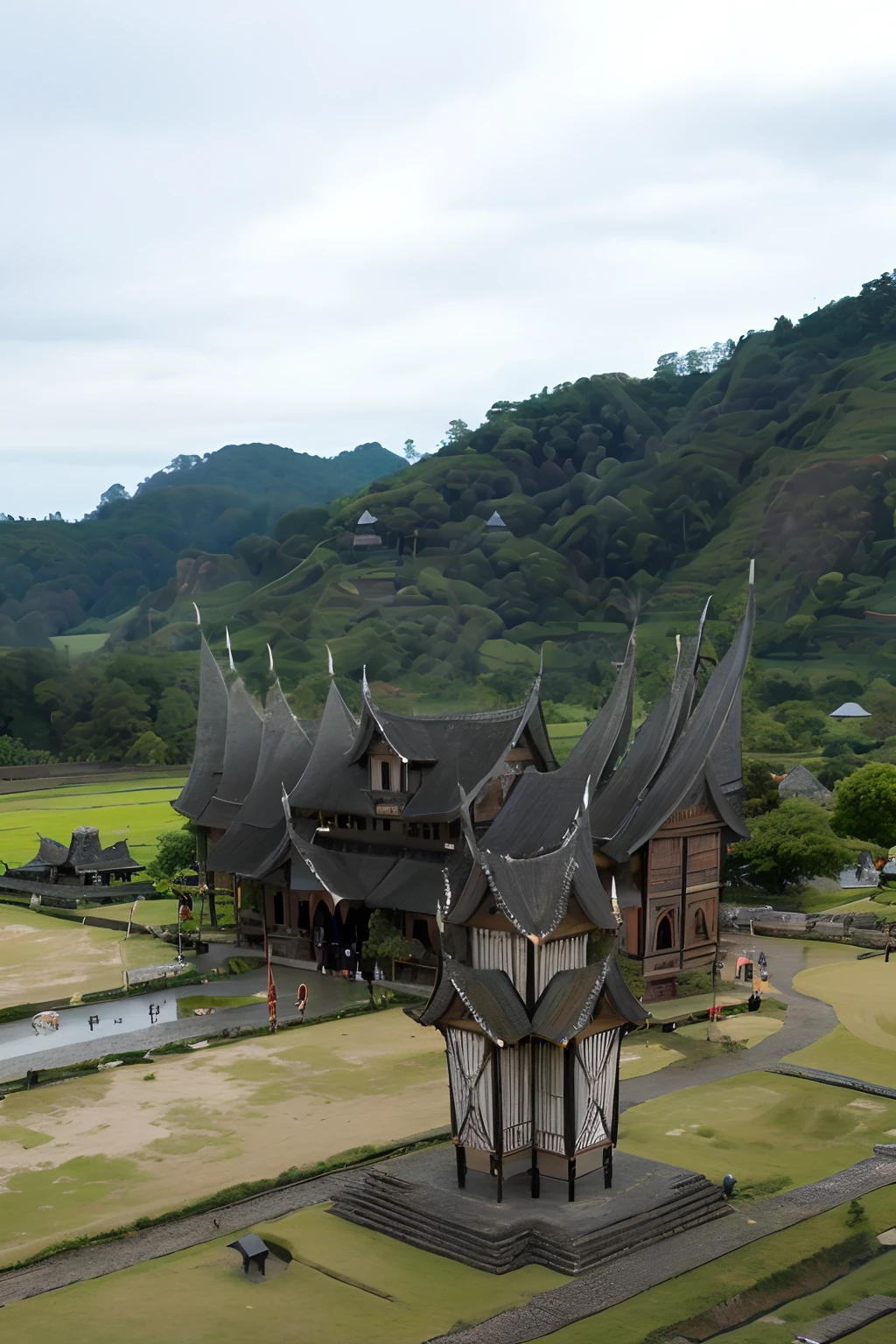 there is a clock tower in the middle of a field, typical, longhouse, historical setting, sumatraism, indonesia, mystical setting, green, large temples, touring, movie set”, peaked wooden roofs, temple in the background, spectacular, highly detaild, grey, wide-shot, beautiful image, wide - shot, detailed wide shot, hut, an ancient