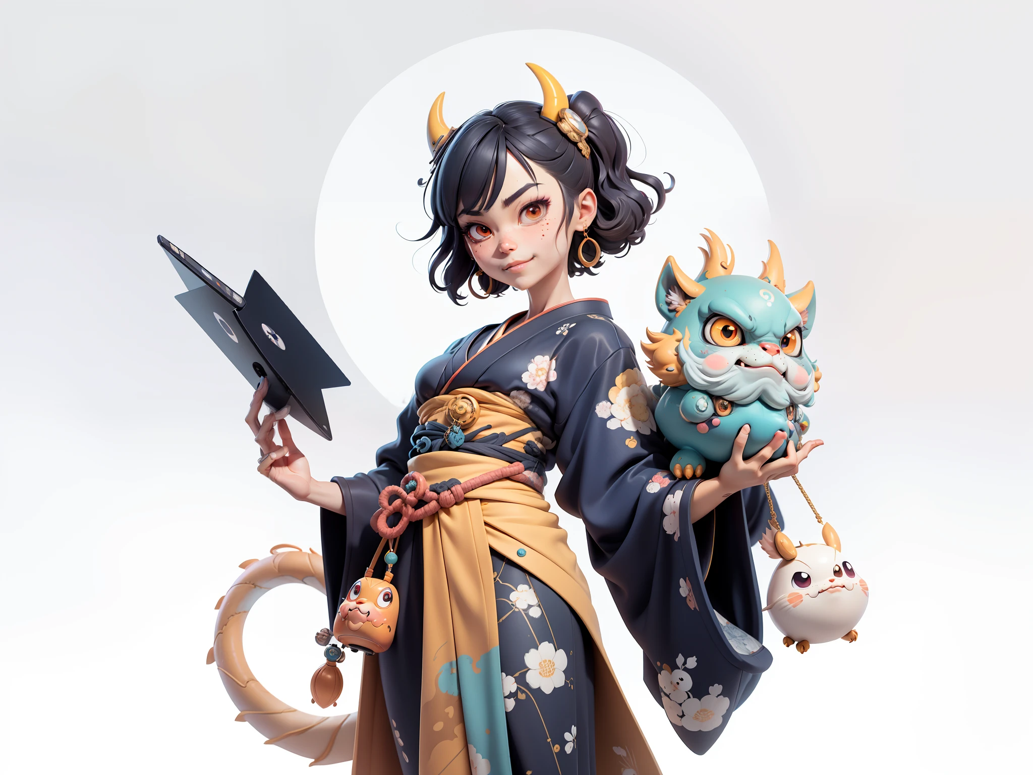 (Daisaku),(Need),(Super meticulous),(full bodyesbian:1.2),Japanese ukiyo-e girl，japanese geisha，Beautiful，Oriental dragon，Aeolian Thor，Raised sexy，爆乳，Oriental face，TV Anchor，Bust portrait illustration，Alone，In black suit，a blue tie，The face is slightly chubby，The face was clean，without a beard，Black super short hair，Black eyes，Smile confidently，3C computer sub-products，iPad， iphone，Digital painting，3D character design by Mark Clairen and Pixar and Hayao Miyazaki and Akira Toriyama，The illustration is a high-definition illustration in 4K resolution，With very detailed facial features and cartoon-style visuals。