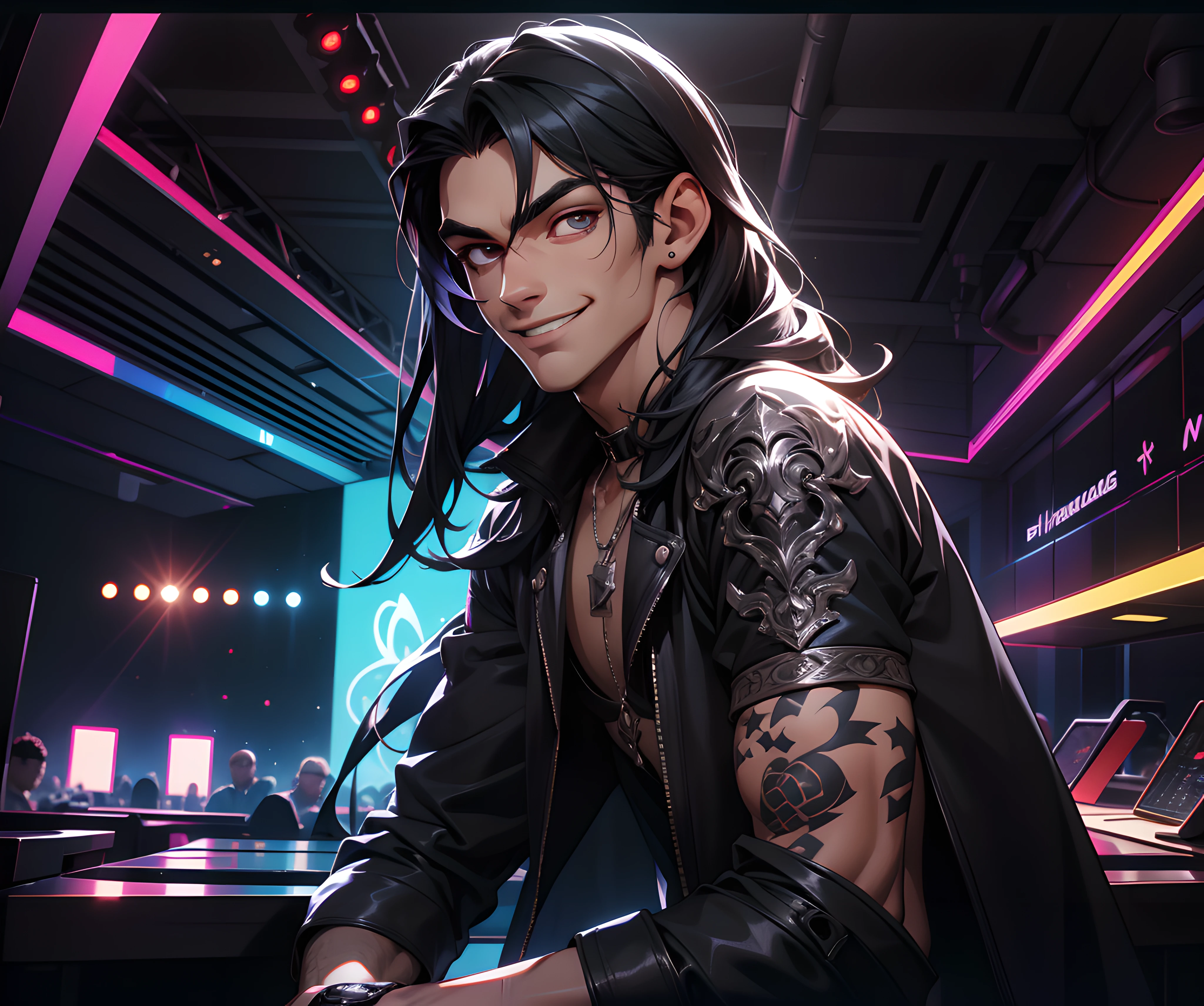 (absurdres, highres, ultra detailed), 1 male, adult, handsome, tall, long black hair, finely detailed silver eyes and detailed face, gothic clubwear, smile, indoor, nightclub, laser projectors, 8k resolution