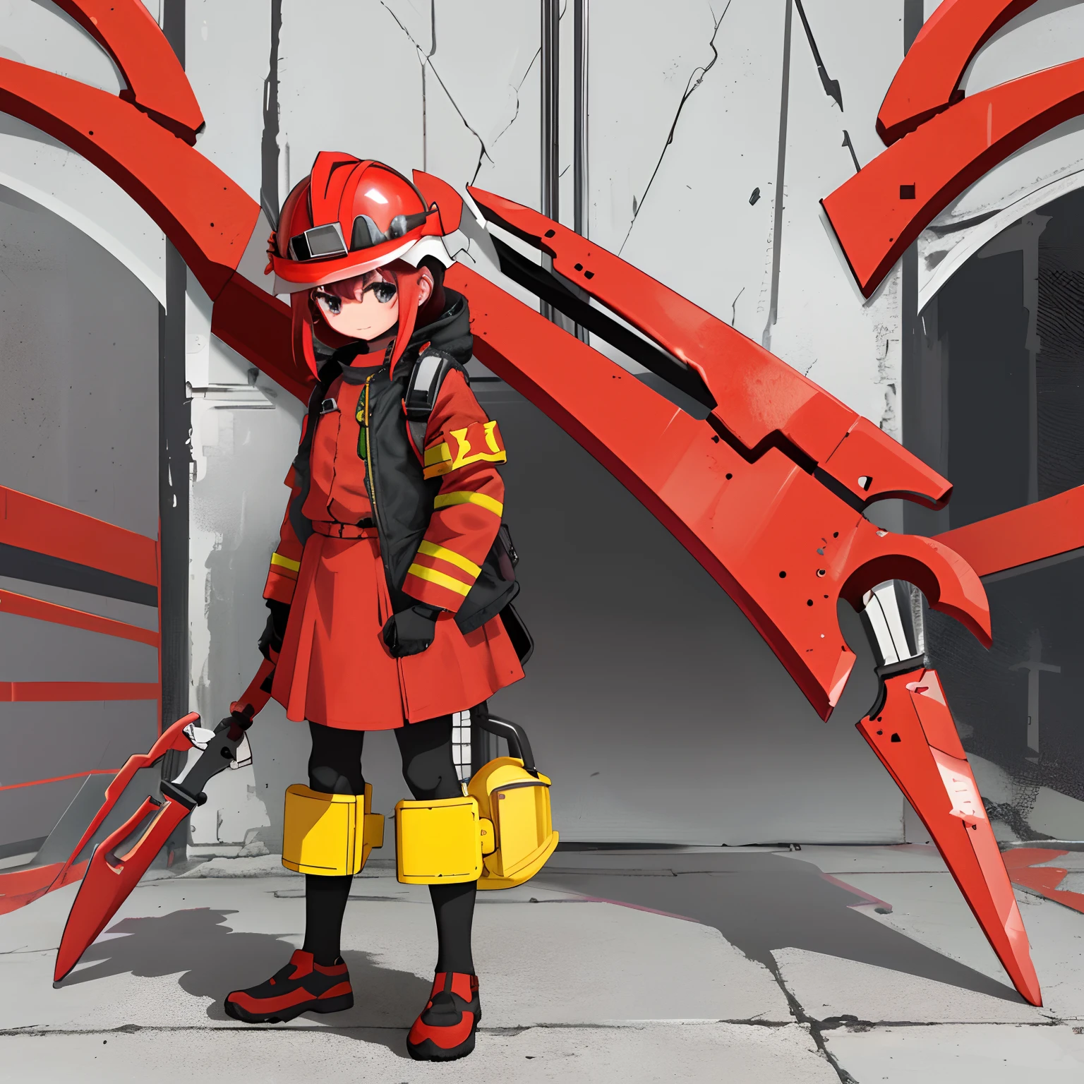 Ark of tomorrow style，Loli body type，Height 1.2m，flatchest，More accessories，Energetic，Modern firefighting long handle axe，Red livery body armor，solo person，Big helmet，Full set of protective equipment，Hand Guard，Knee protectors