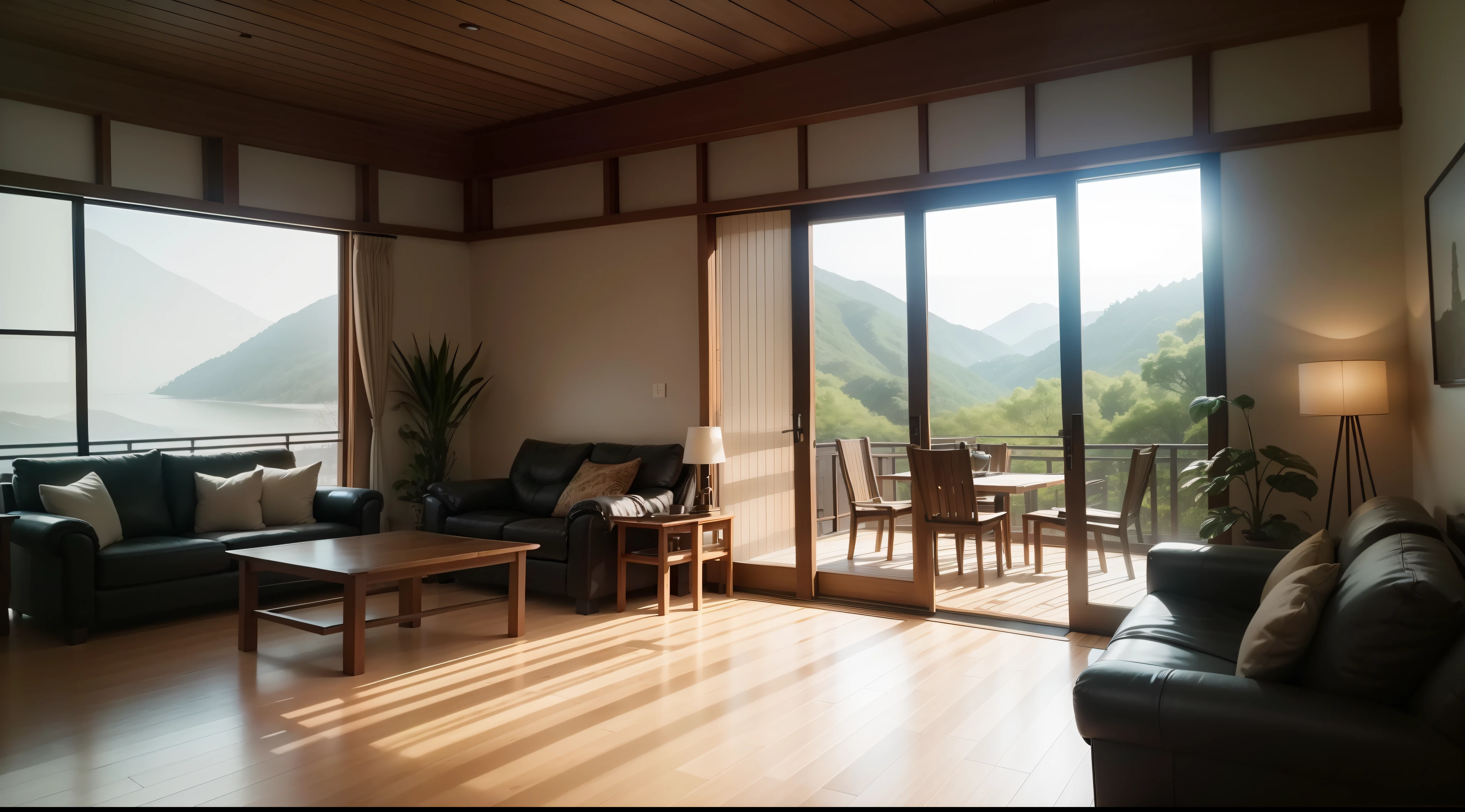 interior design、Insanely detailed wide-angle architectural photo、Cozy contemporary living room、(Bright and warm sunlight 1:0.1)、Award-winning contemporary interior design、landscapes、The table、a chair、in a house、Wooden flooring、window、resturant、east asian east asian architecture、sliding paper doors、abajour、architectural、the woods、naturey、cups、a plant、interior design、Insert lighting and shadows、depth of fields、low illuminance