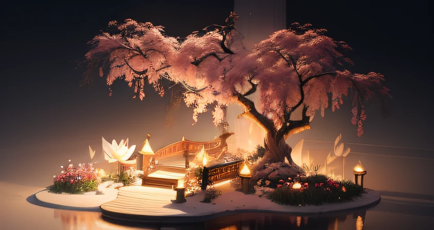 The background of the stage is a tranquil lake,The surface of the lake is like a mirror,Reflecting the clear blue sky and rolling mountains。By the lake stand several graceful peach trees,Blooming pink flowers bloom like clouds,Fragrant。
There is an elaborate wooden bridge by the lake,The bridge deck is paved with smooth wooden planks,It is covered with a soft red carpet。The wooden bridge is flanked by manicured green lawns,The lawn is dotted with various flowers and verdant shrubs,It adds a touch of life to the stage。
Meander up along the wooden bridge,Leading to the center of the stage is a blooming lotus pond。In the lotus pond,Powder Pink、white colors、Yellow lotus flowers bloom,The petals are as white as jade,Exudes a light fragrance。Cranes flutter their wings gracefully by the lotus pond,It seems to welcome every guest。
The stage is surrounded by intricate floral ornaments and greenery,Flowers and vines are intertwined,It creates a romantic atmosphere。The edges of the stage are decorated with elaborate streamers and tassels,Gently swing with the wind,It gives a feeling of lightness。
