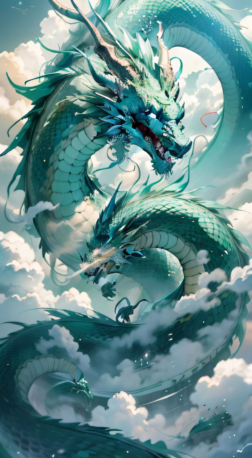 1 green Chinese dragon hovering in the clouds，Open mouth，dentes pontiagudos，Shining horns，The scales are clearly visible，Long body，Stout limbs，Below the clouds is the sea