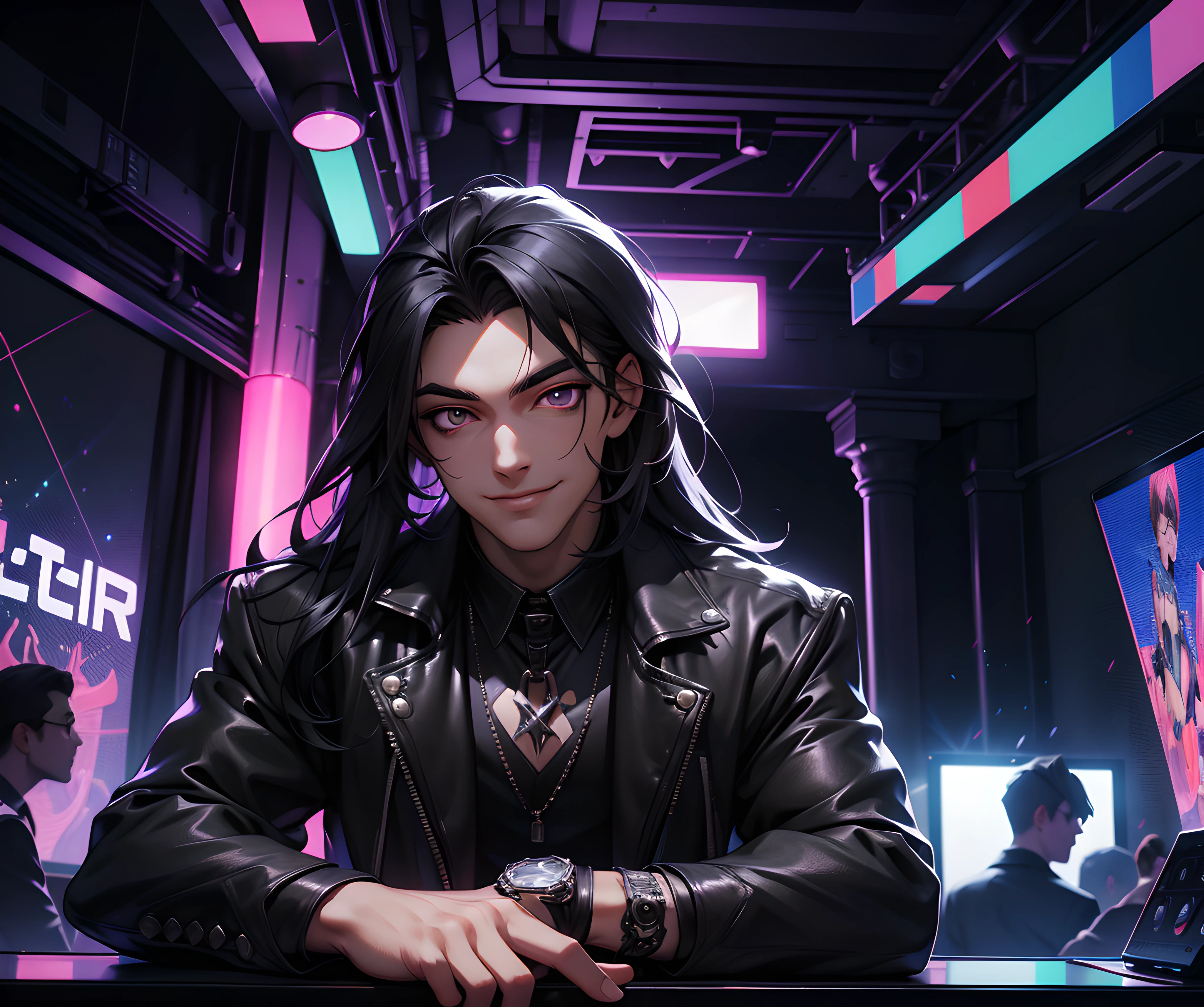 (absurdres, highres, ultra detailed), 1 male, adult, handsome, tall, long black hair, finely detailed silver eyes and detailed face, gothic clubwear, smile, indoor, nightclub, laser projectors, 8k resolution