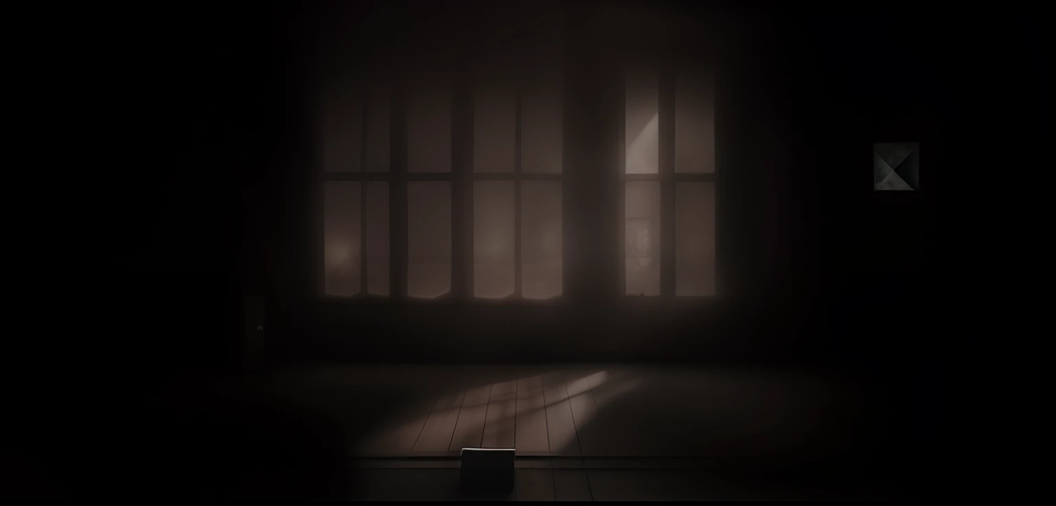 a dark empty room with a window and a light shining through it with wooden floors, quarto escuro e nebuloso, sala cheia de sombra com sombrio, Sala de Pressentimento, sala vazia, fundo assustador, dark studio background, room with eerie feeling, Background Story, fundo assombrado, atmosfera inquietante, quarto misterioso, darkness's background, cena escura com luz fraca, atmosfera assombrosa