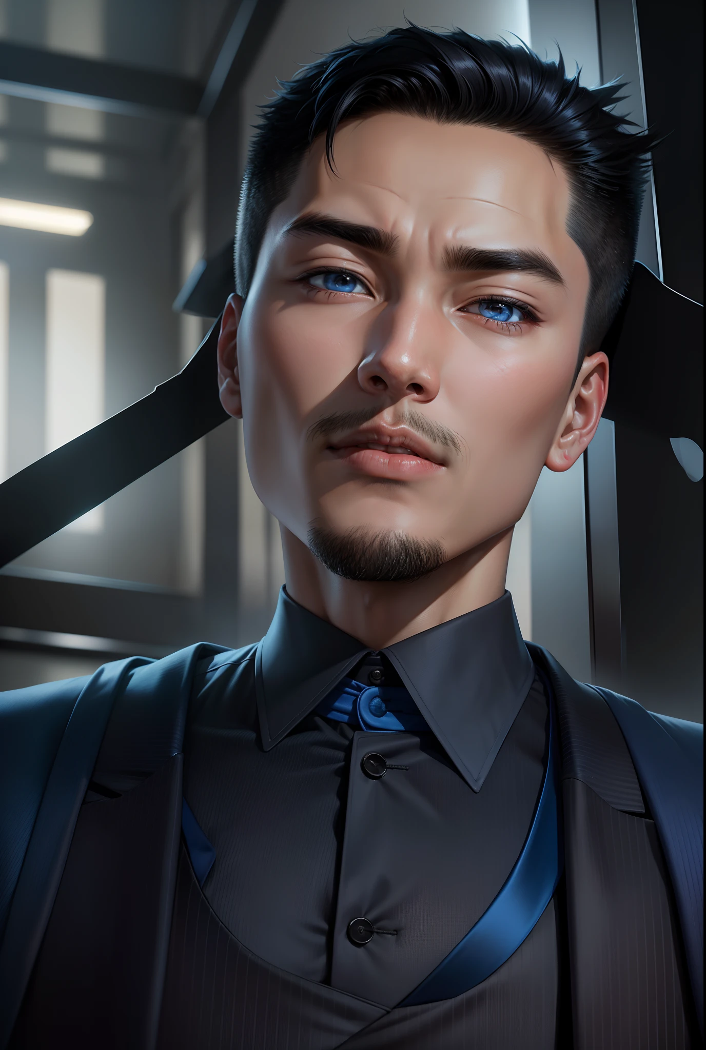 （Handsome Chinese guy：1.5），A man in a black formal suit，ID photo，blue backdrop，No ID photo，Exquisite facial features，Boy student，Brush cut，Brush cut，Brush cut，Brush cut，photore，realisticlying，Business suit,solid blue background