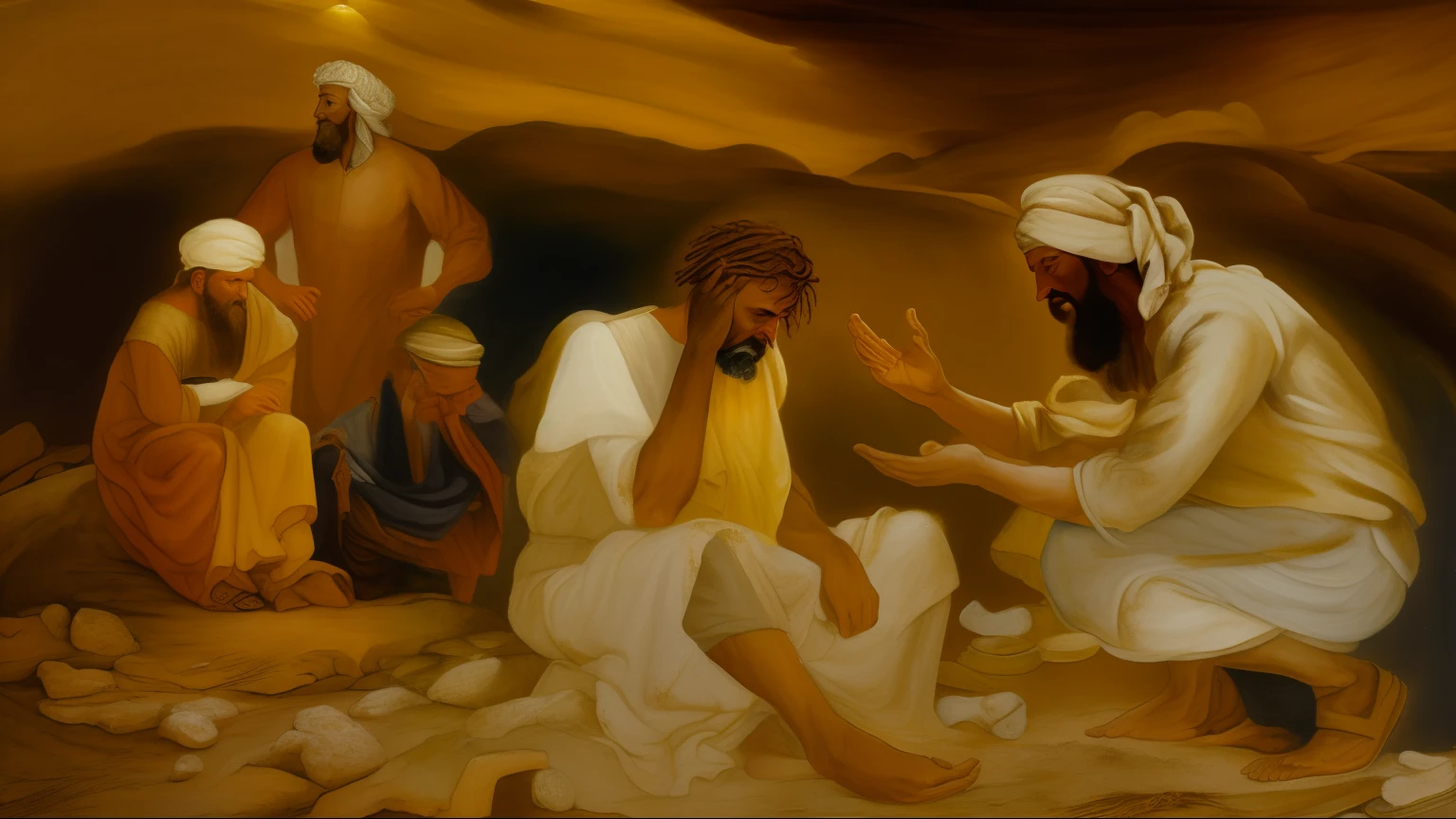 a painting of a kneeling man to a man who is touching his face, his hands buried in his face, bible illustration, agonia e sofrimento, sermon of philistine greed, cena triste, beautiful depiction, epic biblical representation, Ancient Biblical, biblical painting, Por Joseph Binder, Directed by: Juan O'Gorman, Directed by: Siona Shimshi, dramatic artwork