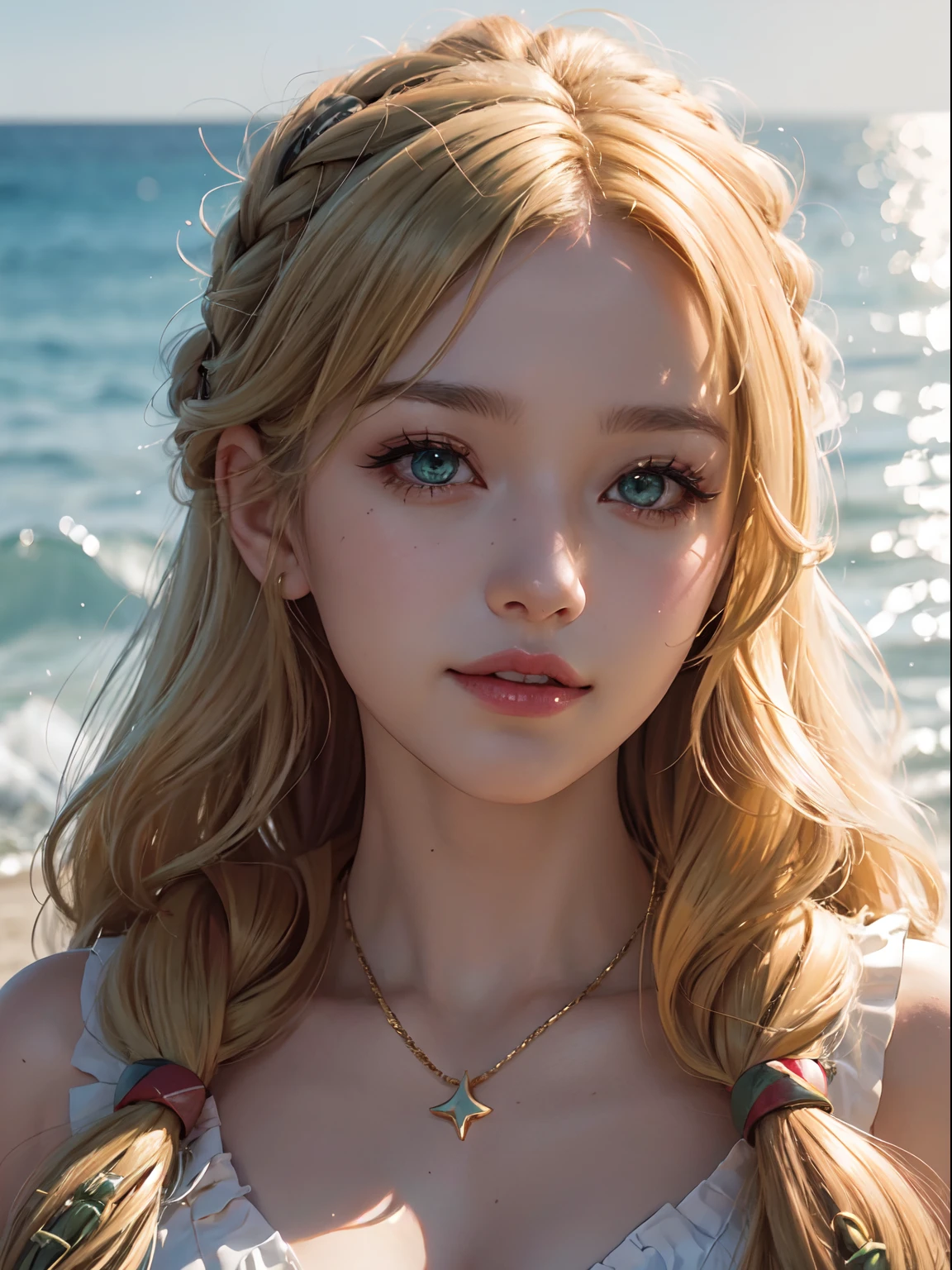 NFSW, 1 Lady, Face, (((1 Lady:1.37, Solo))), (((Extreme close-up of the face))), (Beautiful face, Cute face, Detailed face, grinning evily), BREAK, ((( Golden hair, Semi-long hair, Hair pulled back, Wavy Hair. Twin-tailed))), (((Detailed beautiful green eyes,))), BREAK, (((Sunny))), (((in beach))), BREAK, blazing, Shiny skin, extremely detailed CG unified 8k wallpaper, very fine 8KCG wallpaper, anime moe art style, Anime visuals of cute girls, anime style portrait, In an anime style, Beautiful anime, 8K Anime Art Style, In anime style、8K animation with detailed drawings, (masterpiece, Best Quality), High resolution, Ultra-detailed, ultra-sharp, Cinematic lighting