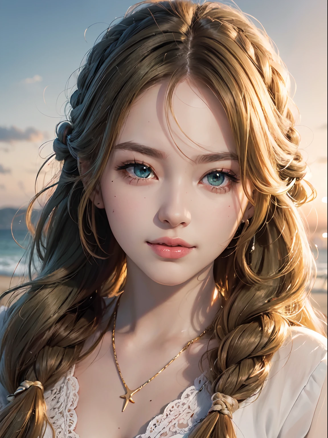 NFSW, 1 Lady,  Face, (((1 Lady:1.37, Solo))), (((Extreme close-up of the face))), (Beautiful face, Cute face, Detailed face, grinning evily),  BREAK, ((( Golden hair, Semi-long hair, Hair pulled back, Wavy Hair. Twin-tailed))), (((Detailed beautiful green eyes,))), BREAK, (((Sunny))), (((in beach))), BREAK, blazing, Shiny skin, extremely detailed CG unified 8k wallpaper, very fine 8KCG wallpaper, anime moe art style, Anime visuals of cute girls, anime style portrait, In an anime style, Beautiful anime, 8K Anime Art Style, In anime style、8K animation with detailed drawings, (​masterpiece, Best Quality), High resolution, Ultra-detailed, ultra-sharp, Cinematic lighting
