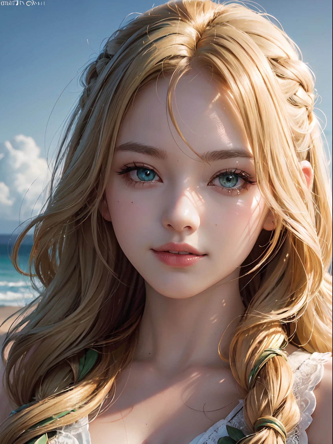 NFSW, 1 Lady, Face, (((1 Lady:1.37, Solo))), (((Extreme close-up of the face))), (Beautiful face, Cute face, Detailed face, grinning evily), BREAK, ((( Golden hair, Semi-long hair, Hair pulled back, Wavy Hair. Twin-tailed))), (((Detailed beautiful green eyes,))), BREAK, (((Sunny))), (((in beach))), BREAK, blazing, Shiny skin, extremely detailed CG unified 8k wallpaper, very fine 8KCG wallpaper, anime moe art style, Anime visuals of cute girls, anime style portrait, In an anime style, Beautiful anime, 8K Anime Art Style, In anime style、8K animation with detailed drawings, (masterpiece, Best Quality), High resolution, Ultra-detailed, ultra-sharp, Cinematic lighting