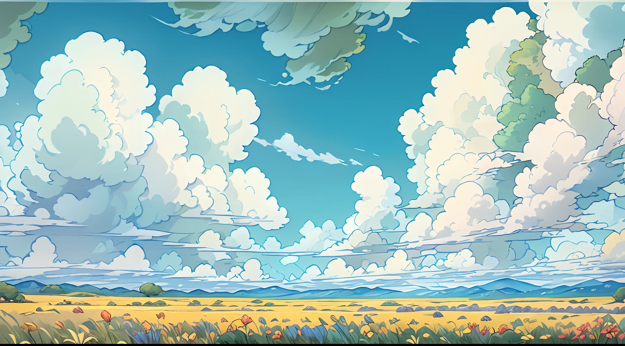 Realistic, authentic, beautiful and amazing landscape oil painting Studio Ghibli Hayao Miyazaki&#39;s petal grassland with blue sky and white clouds --v6