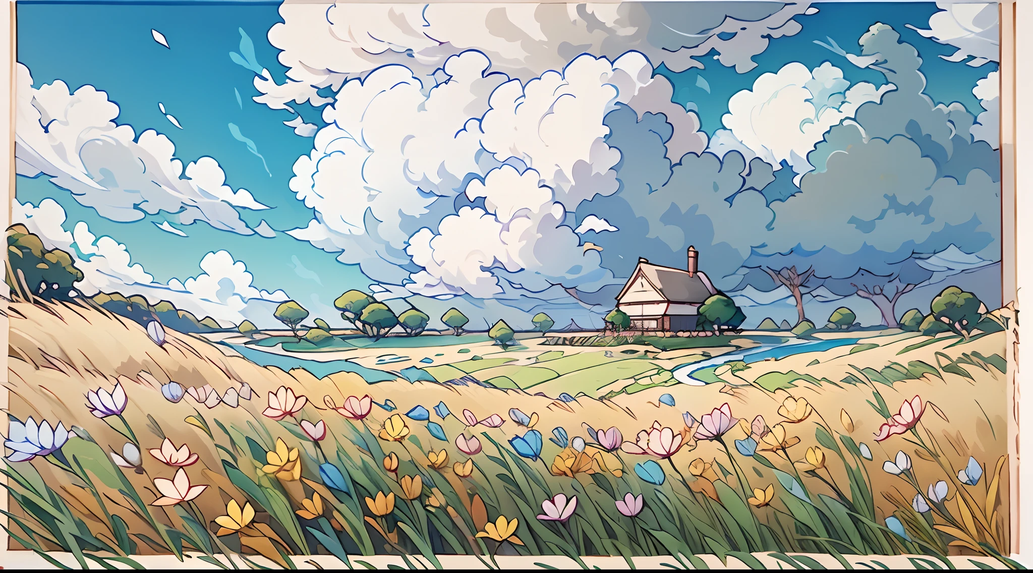 Realistic, authentic, beautiful and amazing landscape oil painting Studio Ghibli Hayao Miyazaki&#39;s petal grassland with blue sky and white clouds --v6