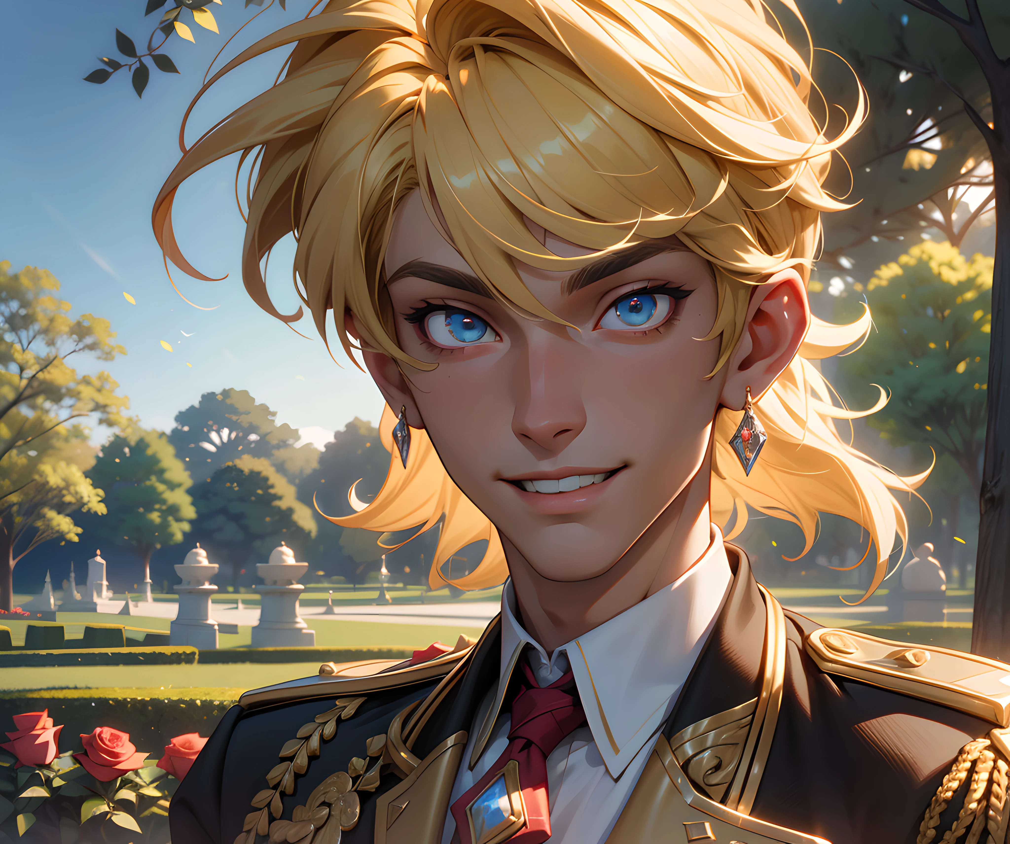 (absurdres, highres, ultra detailed), 1 male, adult, handsome, tall, blonde hair, finely detailed opal eyes and detailed face, prince uniform, smile, outdoors, palace rose garden, sunlight, 8k resolution