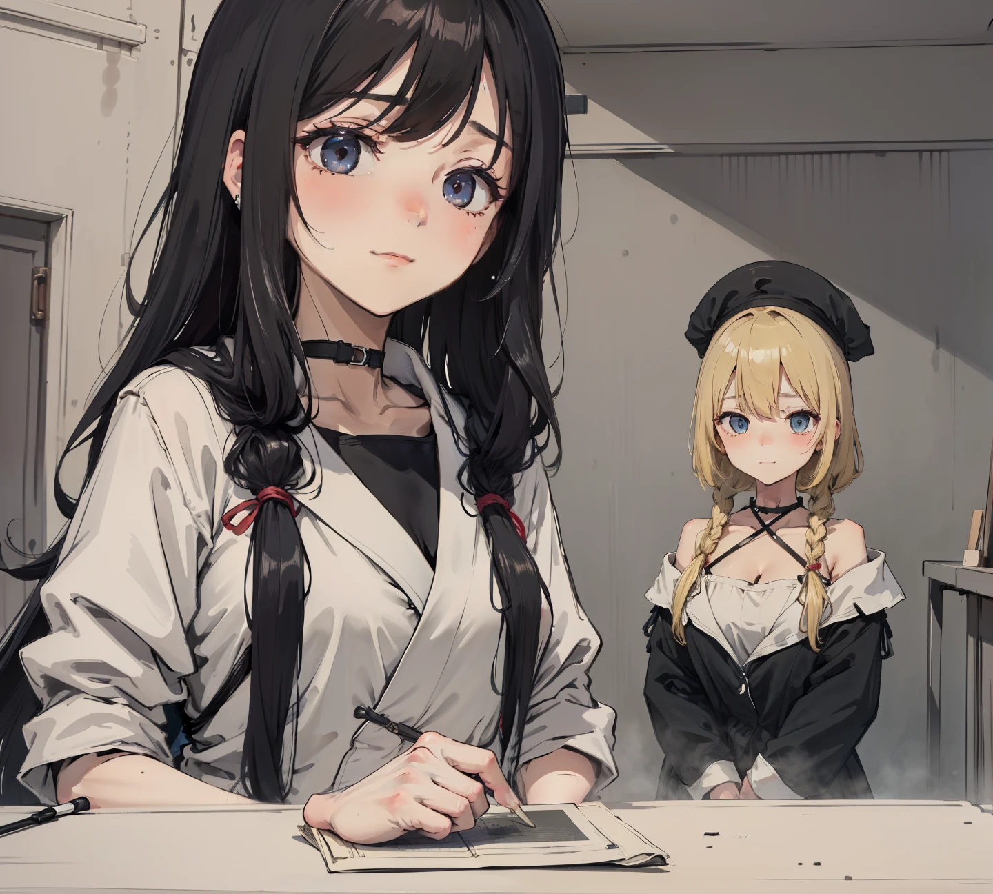 absurderes, 1girll, Be red in the face, (Realistis:1.5), (tmasterpiece, the Extremely Detailed CG Unity 8K Wallpapers, best qualtiy, A high resolution:1.2), (Supergianthugebreasts_Detailed, hyper HD:1.2), lighting perfect, distinctive, (1girll:1.4), looking at viewert, unreal-engine, Sideslit, s the perfect face, 详细的脸, Perfect body, beautidful eyes, Nice face, (Bright Skin:1.4), idoly, ulzang-6500-v1.1,,((gigantic cleavage breasts )),(a narrow waist),(blond hairbl,dual horsetail),((in a school)),(choker necklace),((Student uniform)),The shoulder straps slip off(obi strip),((magestic)),ssmile,Image quality is yellowish,Pubic hair shows through,upper legs,upper legs,upper legs(full bodyesbian:1.4),By bangs,(eye glass)),sharp sharp eyes,Peck the corners of the mouth,silver earring,