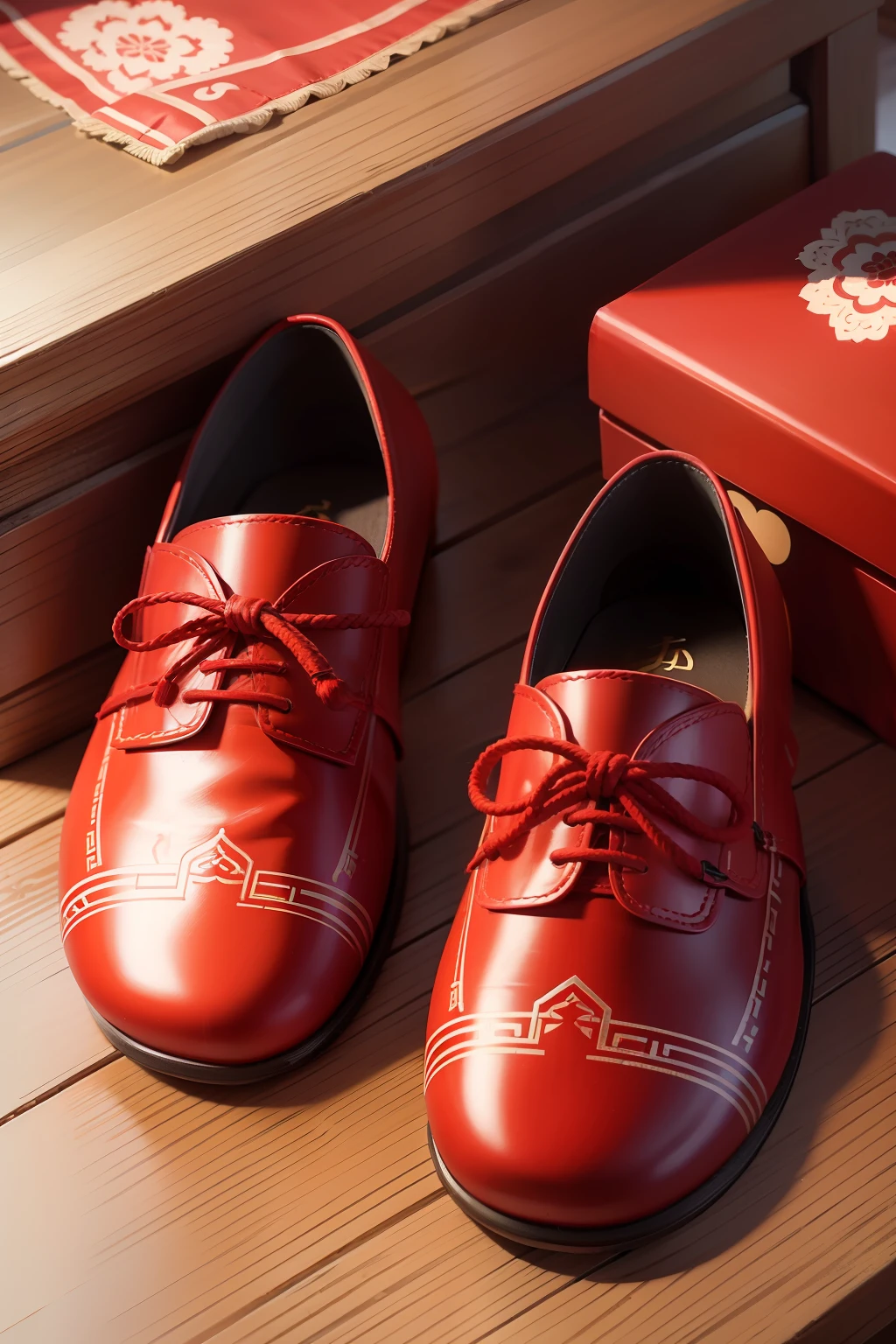A pair of red Chinese ethnic style children's cloth shoes in a shoe box,Red cloth on the table