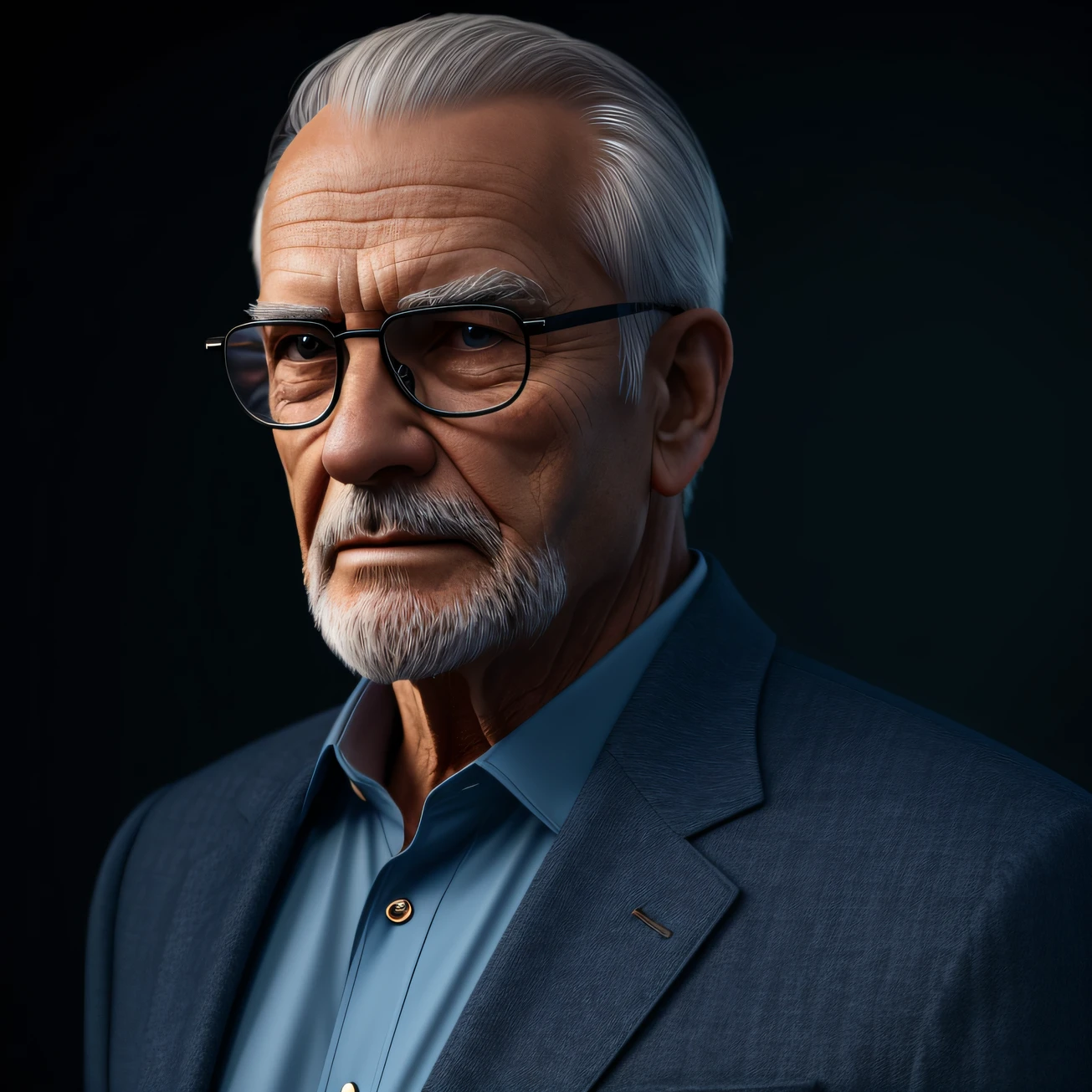 old man with glasses, jacket over all suit, dark background, black, half body hair short blue eyes, ultra realistic, 8k, high definition