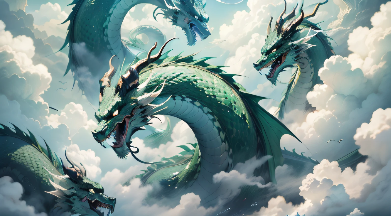 1 green Chinese dragon hovering in the clouds,Open mouth,dentes pontiagudos,Shining horns,The scales are clearly visible,Long body,Stout 4,Below the clouds is the sea