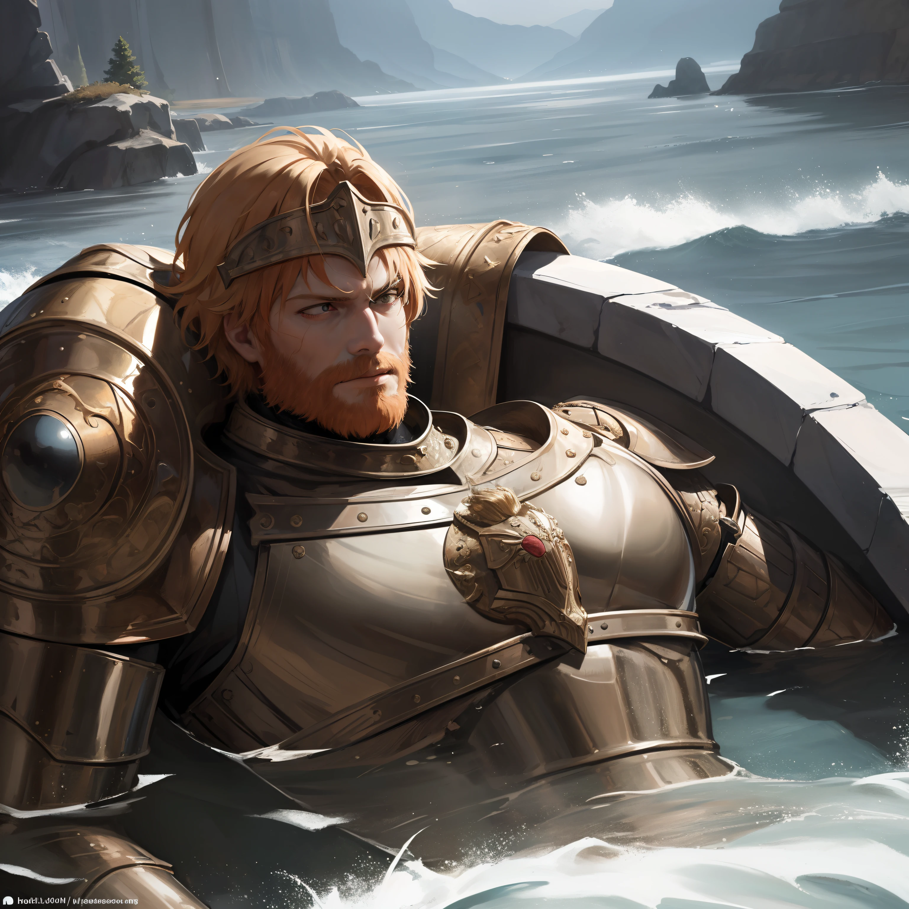 "Tragic and epic scene: Emperor Barbarossa wearing armor, drowning in the river, lifeless, enveloped in an aura of mystery and suspense."