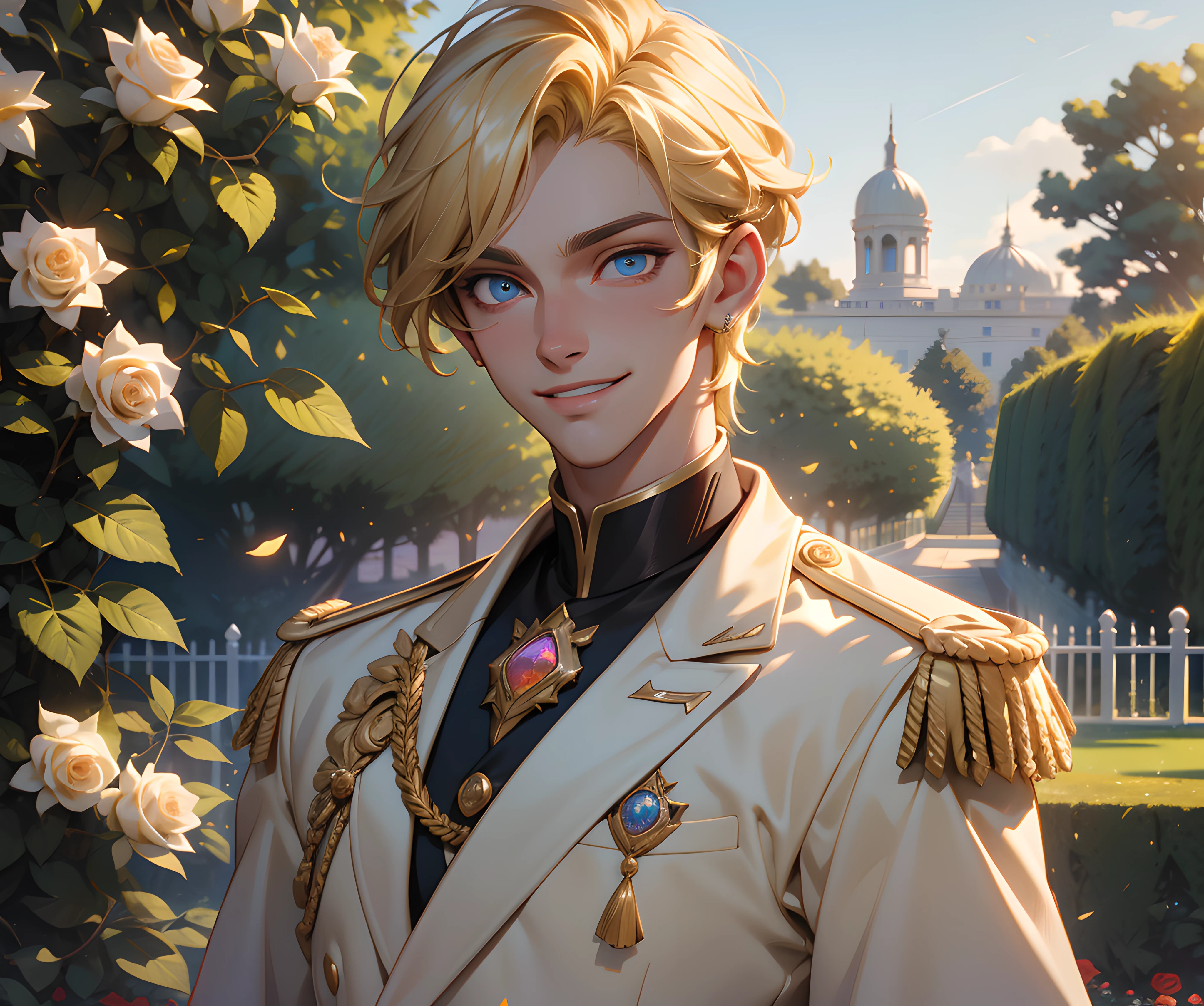 (absurdres, highres, ultra detailed), 1 male, adult, handsome, tall, blonde hair, finely detailed opal eyes and detailed face, prince uniform, smile, outdoors, palace rose garden, sunlight, 8k resolution