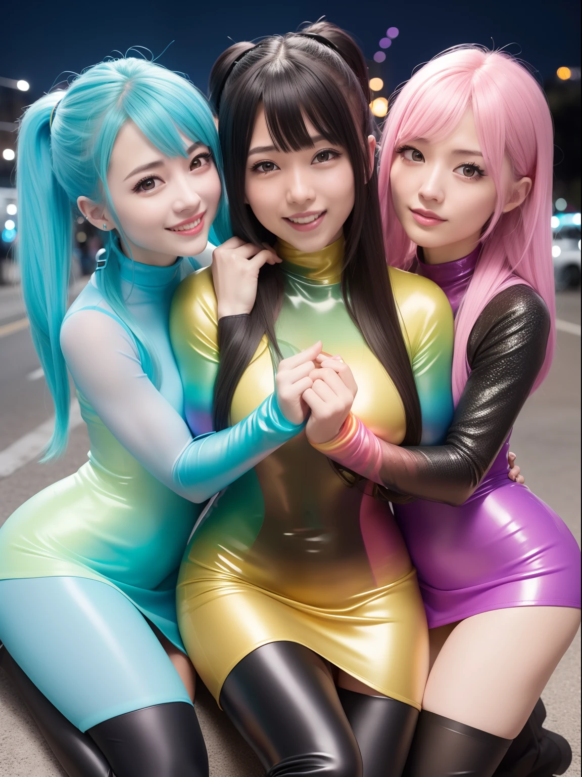 masutepiece,A hyper-realistic,32K,the Extremely Detailed CG Unity 8K Wallpapers, Best Quality,2 women, embracing each other,Rainbow Color Latex Cheongsam,Colorful slime clothes,Deep Turtleneck,Rainbow slime long skirt,Black bob hair,Silver wave hair,(over knee BOOTS:1.2),Cowboy Shot, Street, Country Street, (Film grain:1.2), (Film Overlay:1.3), Night,Smile,Open mouth,Details in the mouth,Parti,Full body like, huge tits