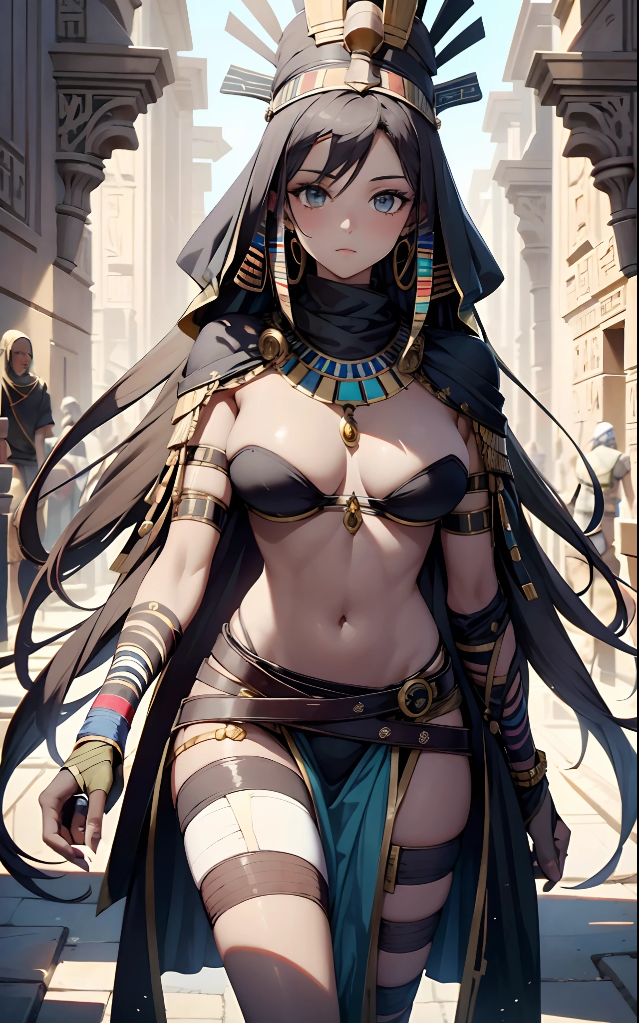 best qualityer,tmasterpiece,Ultimate resolution,downy,Extremely colorful,Colorful,Ancient Egyptian mummy beauty,Beautiful woman wrapped in bandages,Bandages all over the body,bandagens,don't have clothes,Normal posture