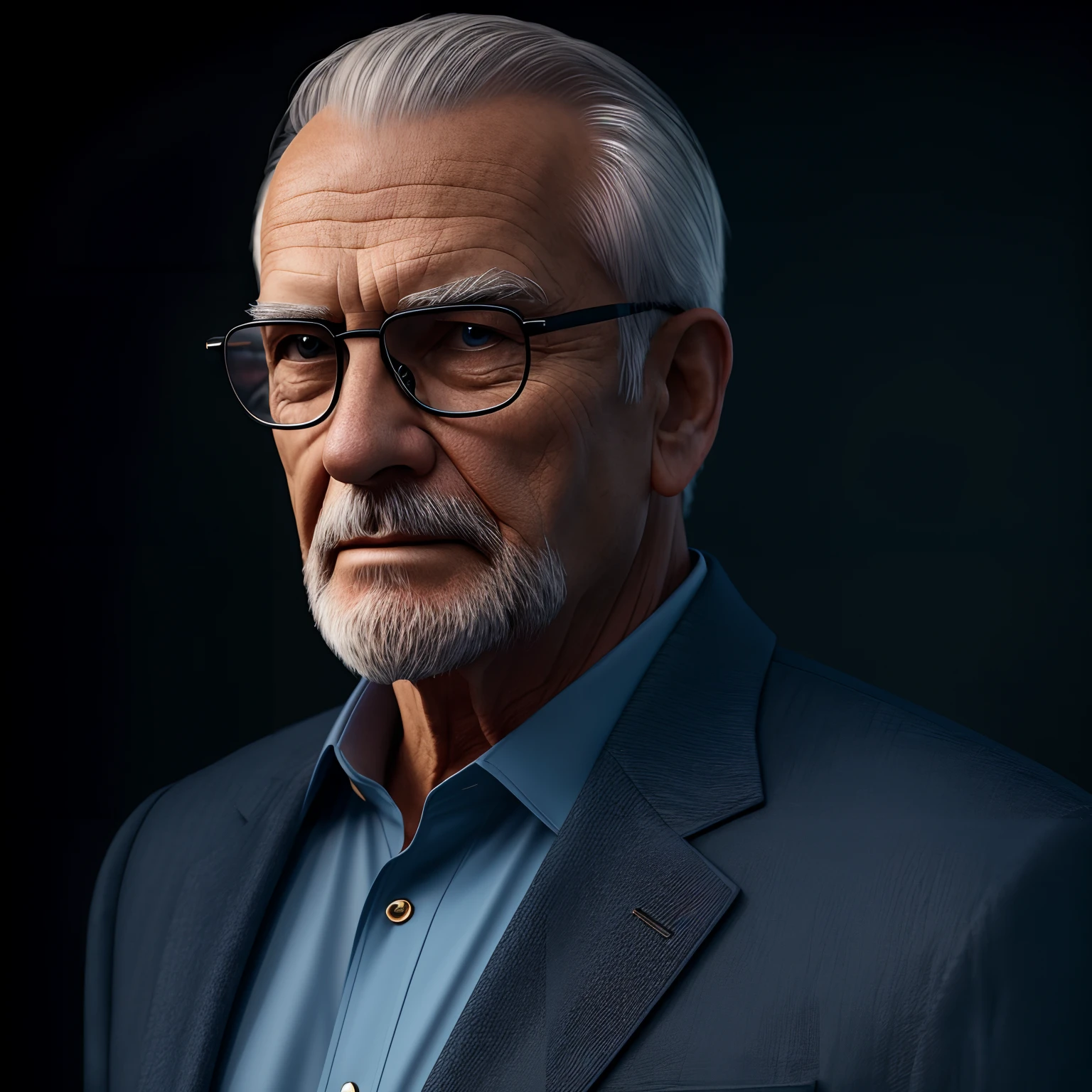 old man with glasses, jacket over all suit, dark background, black, half body hair short blue eyes, ultra realistic, 8k, high definition