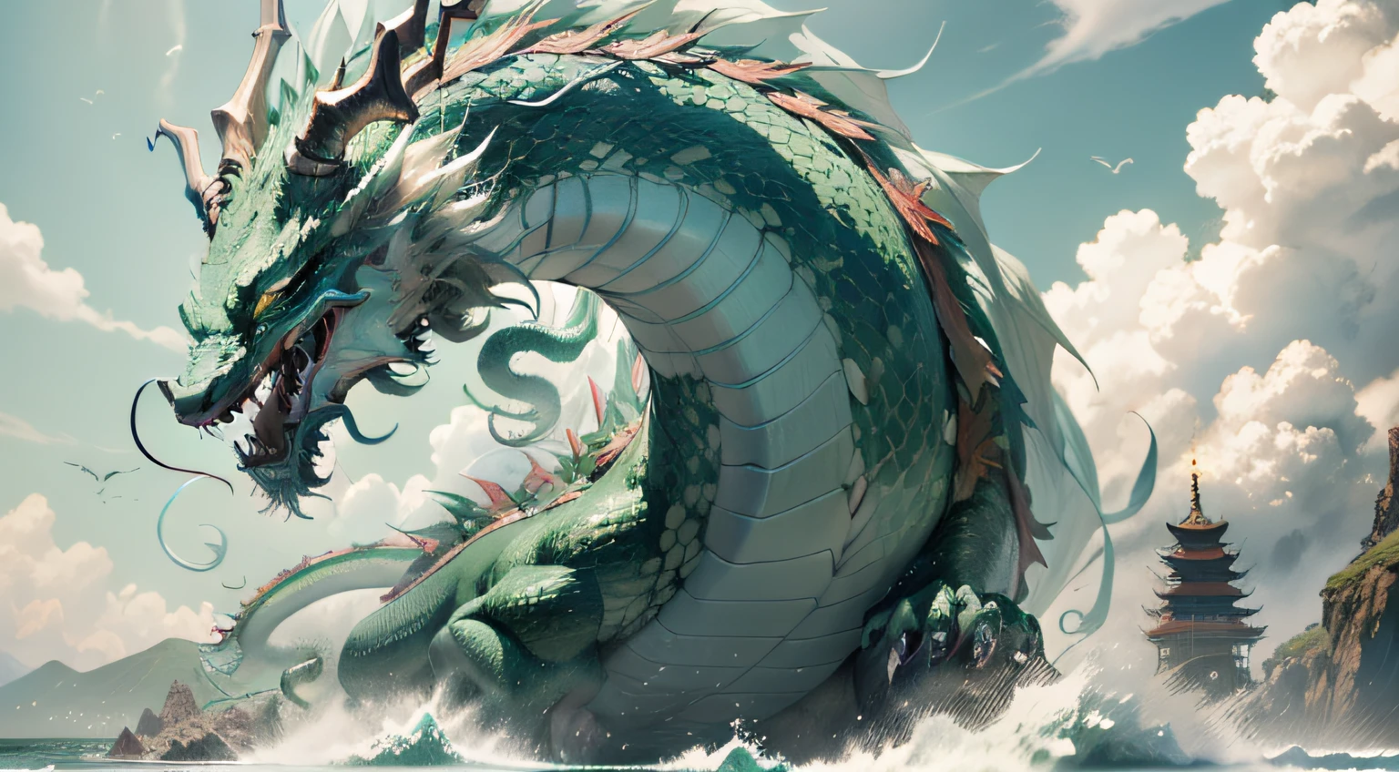 A green Chinese dragon,Clouds,Open mouth,dentes pontiagudos,Shining horns,The scales are clearly visible,Hovering,the sea