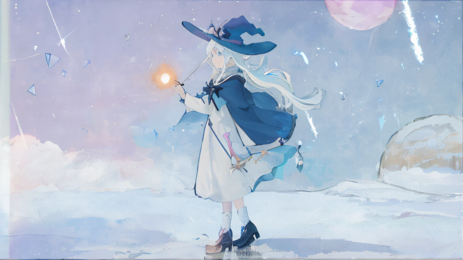Wearing a blue dress and hat，Anime girl with wand，sky witch，beautiful wizard，alchemist girl，astral witch clothes，witch academia，a sorceress casting a ice ball，the witch，beautiful celestial mage，bright witch，a young female wizard，zerochan art，flirty anime witch casting magic，Female wizard。