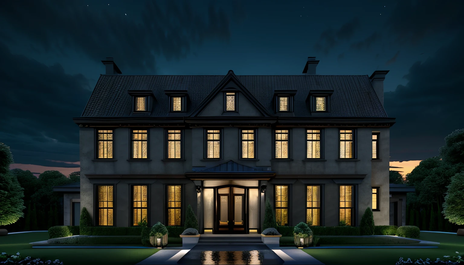 (masterpiece),(high quality), best quality, real,(realistic), super detailed, (full detail),(4k),8k,scenery, no humans, tree, outdoors, sky, window, building,door, reflection, cloud, dark sky, house, sunset, dark night, dark theme,