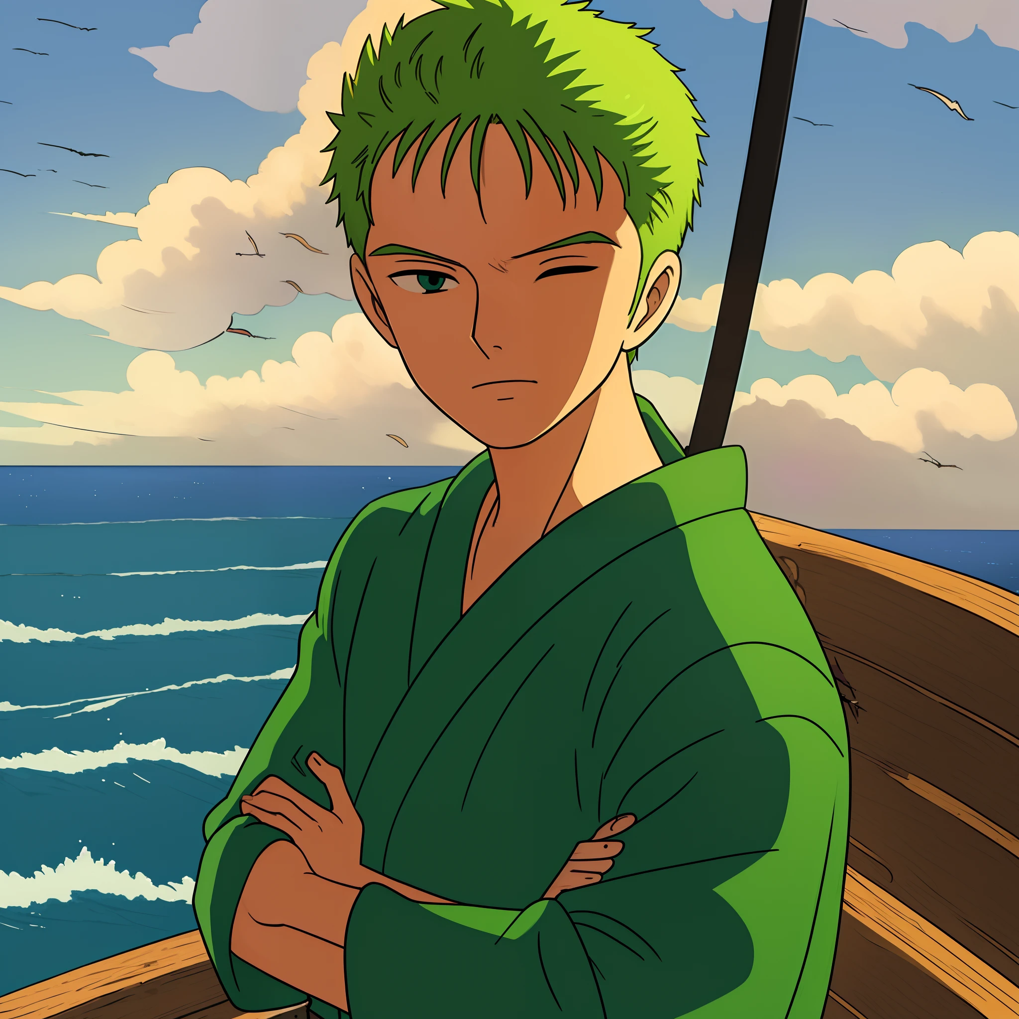 ((best quality)), ((masterpiece)), ((detailed background)), ((high quality illustration)), 1boy, wanostyle, roronoa zoro, one eye closed, scar across eye, crossed arms, japanese clothes, green kimono, solo, standing, looking around, upper body, close up, pirate ship, sea, miyazaki hayao
