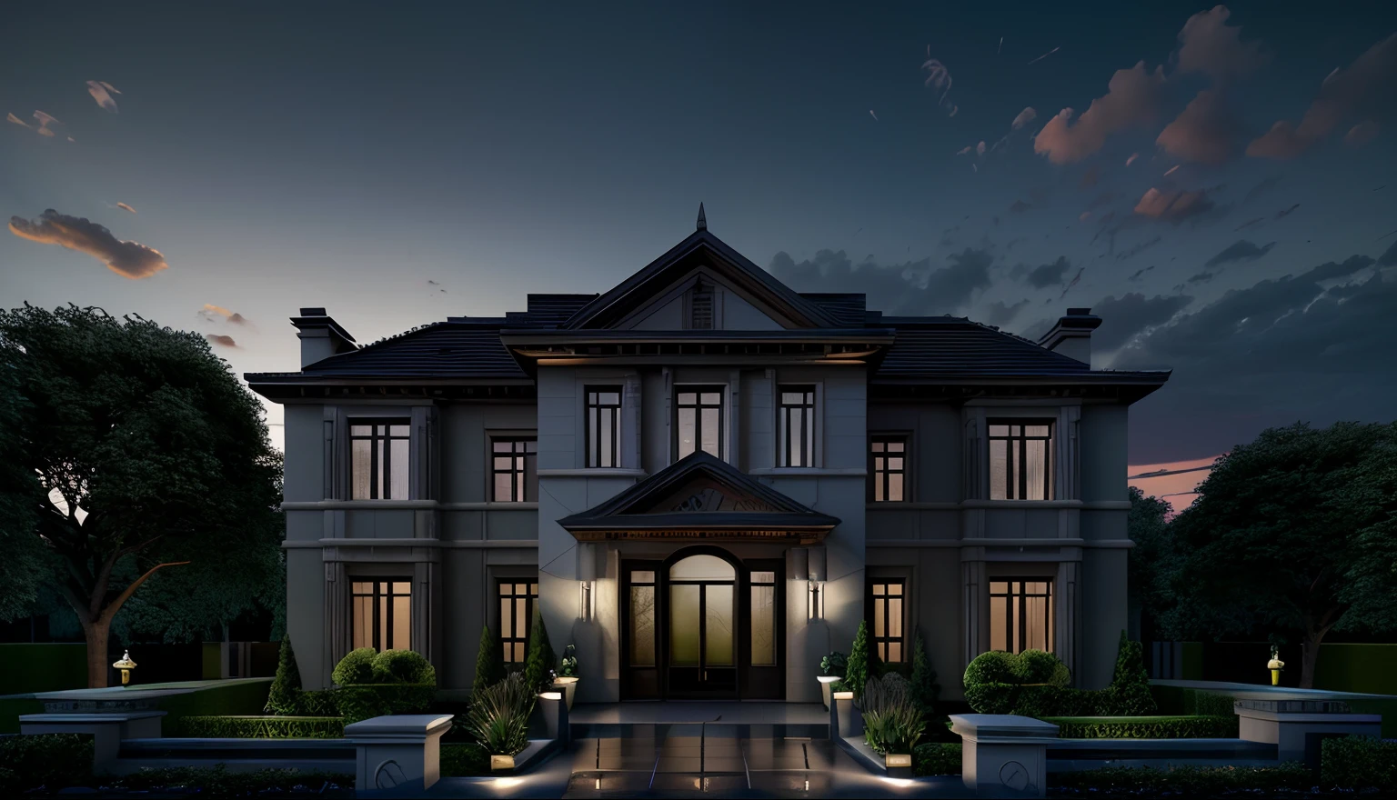 (masterpiece),(high quality), best quality, real,(realistic), super detailed, (full detail),(4k),8k,scenery, no humans, tree, outdoors, sky, window, building,door, reflection, cloud, dark sky, house, sunset, dark night, dark theme,