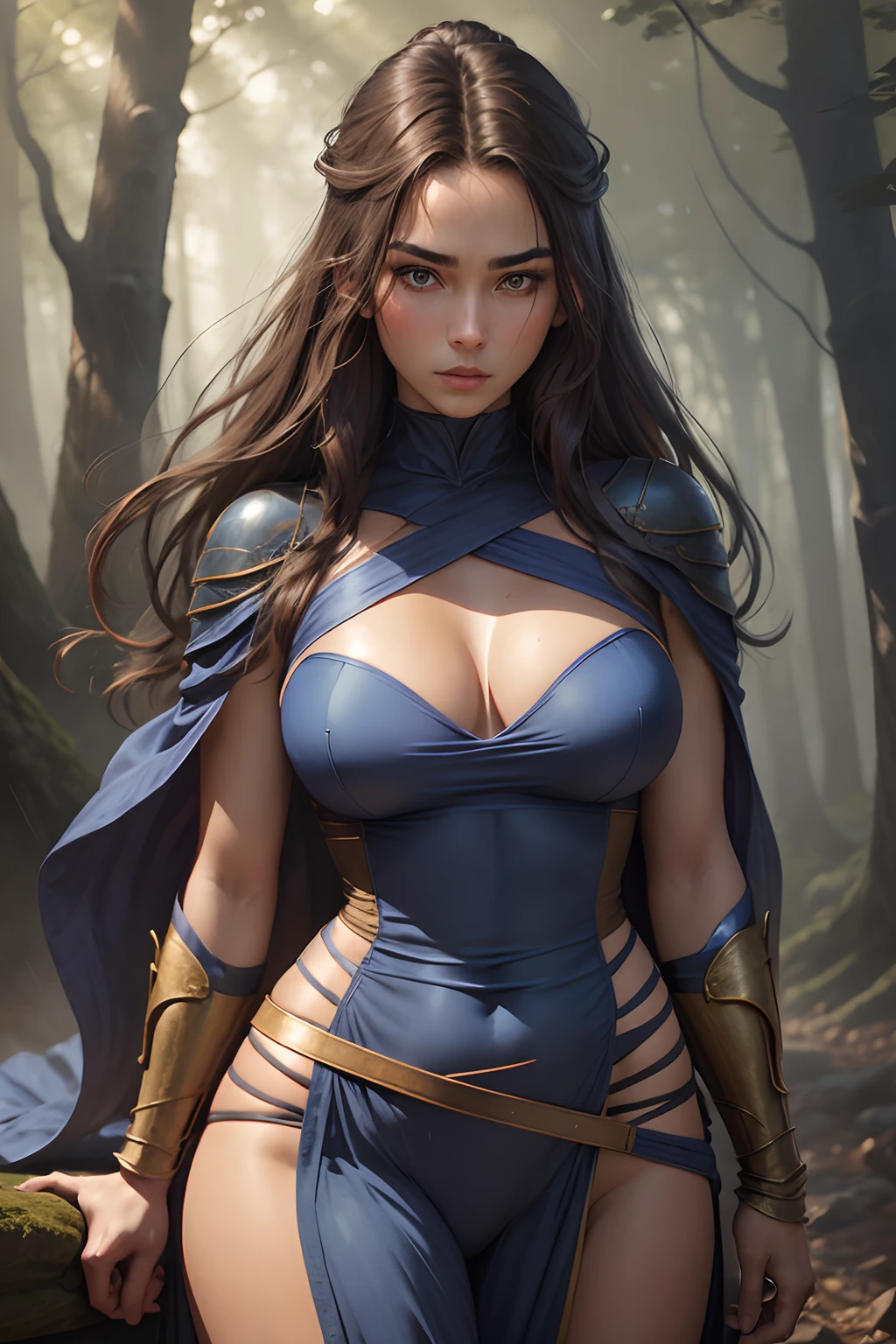 Beautiful woman, thin, thin silhouette, ribbon band on forehead, long light brown hair, rectangular face, (discreet expression of power), thick eyebrows, blue eyes, turned muscles, shirtless, arms covered by golden and dark blue armor, pants, abdomen and pectoral visible, breasts wrapped in bands of blue fabric. Messy hair, ribbons of cloth around her breasts. Bright colors, detailed background, with trees, heavy rain and fog. Realism, photorealist, masterpiece