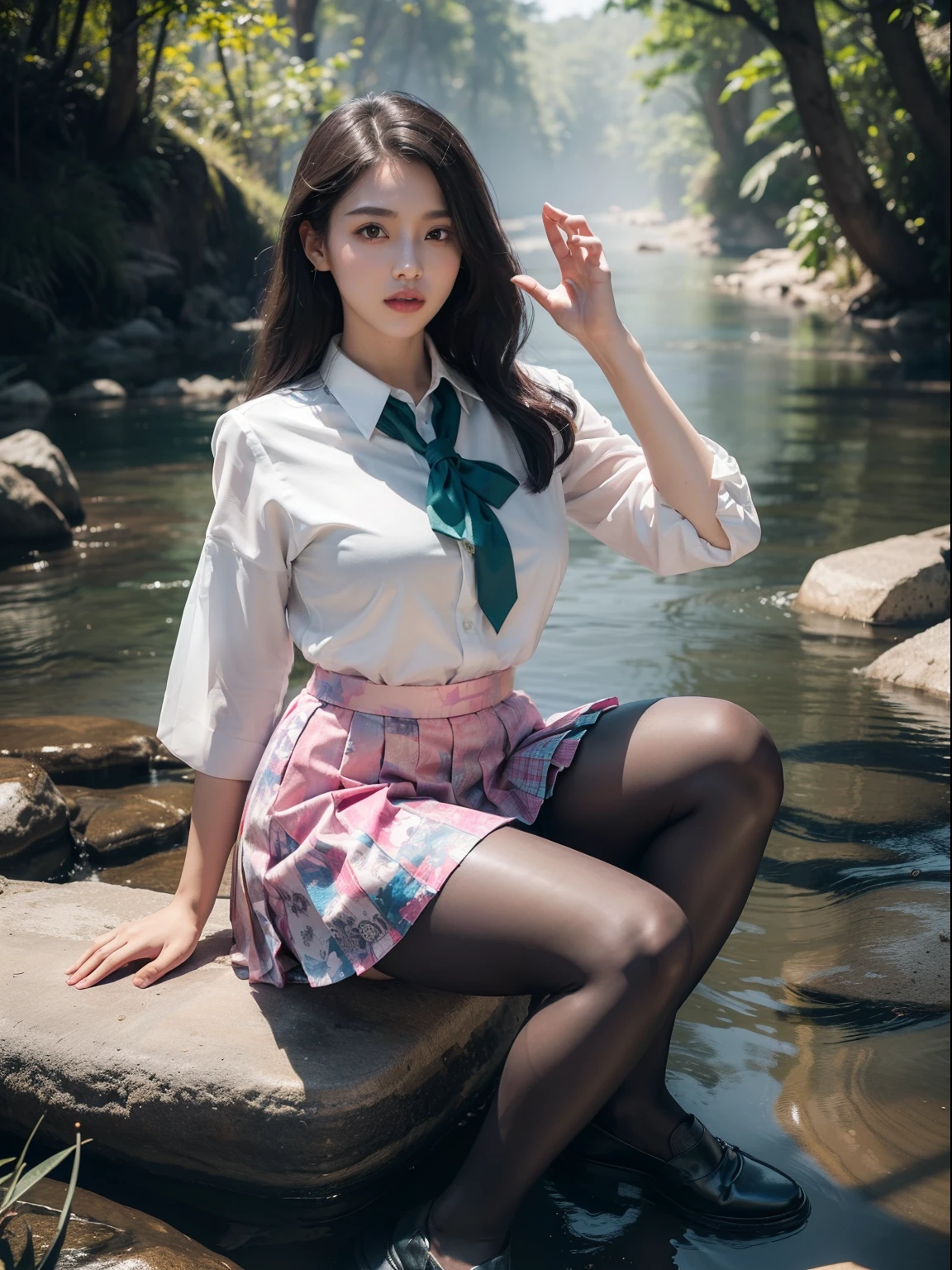 (full body:2),(1girl:1.3),(view the viewer:1.4),(anatomy correct:1.45),(Sitting by the creek, Make a heart to heart gesture with both hands:1.35),(Extremely thick polished printed pantyhose:1.4),(A mature and sensual woman Wear printed fantasy colorful JK student uniform pleated skirt and JK uniform leather shoes :1.35),(A woman with large buttocks, breasts, and a slender waist:1.4), (Light particle effect:1.3),(In pink | amarelo | blue colors| green color |red color | white colors| black in color| purplish color| greys| Beige| Flesh color 1.4),(Glowing eyes:1.3),(Large amplitude action: 1.3),(Accurate and perfect face:1.4),hyper HD, Ray traching, reflective light,structurally correct, Award-Awarded, high detail, lighten shade contrast, Face lighting ,cinmatic lighting, masterpiece, super detailing, high quality, high detail, best quality, 16k,High contrast,