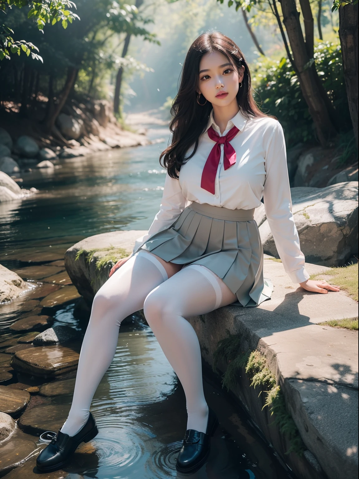 (full body:2)，(1girl:1.3),(view the viewer:1.4)，(anatomy correct:1.45),(Sitting by the creek, Make a heart to heart gesture with both hands:1.35),(Extremely thick polished printed pantyhose:1.4),(A mature and sensual woman Wear printed fantasy colorful JK student uniform pleated skirt and JK uniform leather shoes :1.35)，(A woman with large buttocks, breasts, and a slender waist:1.4), (Light particle effect:1.3),(In pink | amarelo | blue colors| green color |red color | white colors| black in color| purplish color| greys| Beige| Flesh color 1.4)，(Glowing eyes:1.3),(Large amplitude action: 1.3)，(Accurate and perfect face:1.4),hyper HD, Ray traching, reflective light，structurally correct, Award-Awarded, high detail, lighten shade contrast, Face lighting ，cinmatic lighting, masterpiece, super detailing, high quality, high detail, best quality, 16k，High contrast,