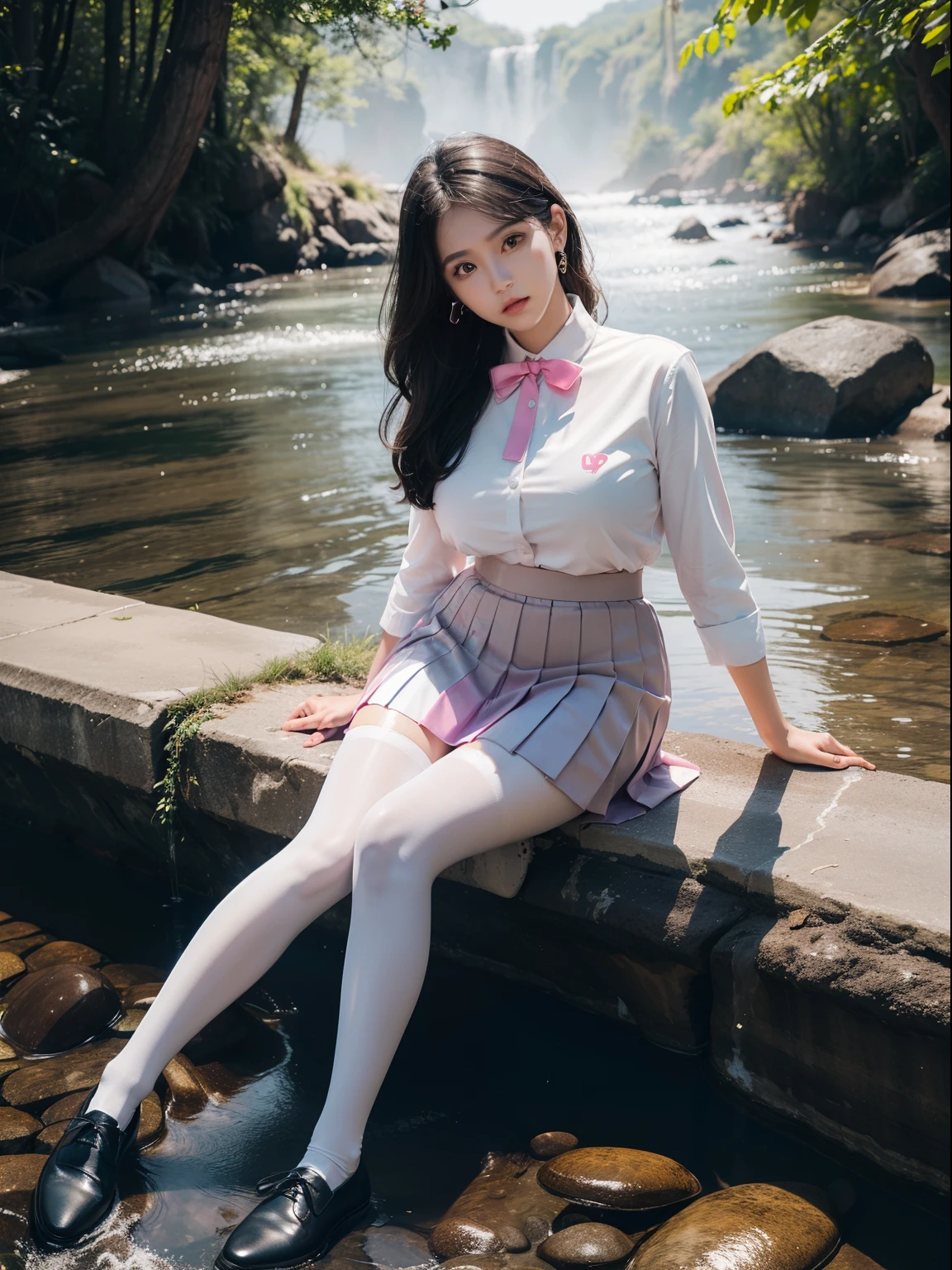 (full body:2)，(1girl:1.3),(view the viewer:1.4)，(anatomy correct:1.45),(Sitting by the creek, Make a heart to heart gesture with both hands:1.35),(Extremely thick polished printed pantyhose:1.4),(A mature and sensual woman Wear printed fantasy colorful JK student uniform pleated skirt and JK uniform leather shoes :1.35)，(A woman with large buttocks, breasts, and a slender waist:1.4), (Light particle effect:1.3),(In pink | amarelo | blue colors| green color |red color | white colors| black in color| purplish color| greys| Beige| Flesh color 1.4)，(Glowing eyes:1.3),(Large amplitude action: 1.3)，(Accurate and perfect face:1.4),hyper HD, Ray traching, reflective light，structurally correct, Award-Awarded, high detail, lighten shade contrast, Face lighting ，cinmatic lighting, masterpiece, super detailing, high quality, high detail, best quality, 16k，High contrast,