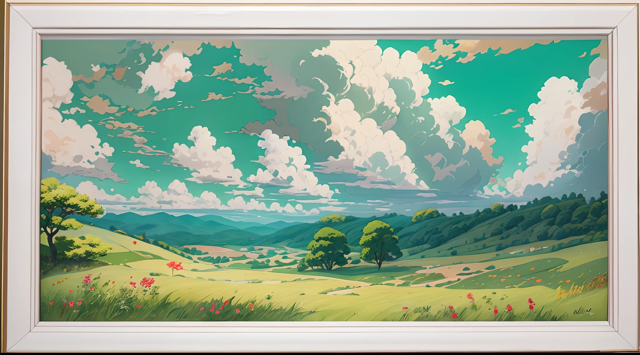 Realistic, authentic, beautiful and amazing landscape oil painting Studio Ghibli Hayao Miyazaki&#39;s petal grassland with blue sky and white clouds --v6